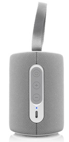 Szary głośnik cylindryczny z przyciskami sterowania i pętlą na pasek.