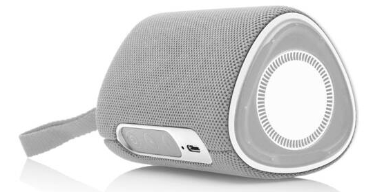 Szary i biały głośnik z uchwytem i przyciskami. Na białej powierzchni.