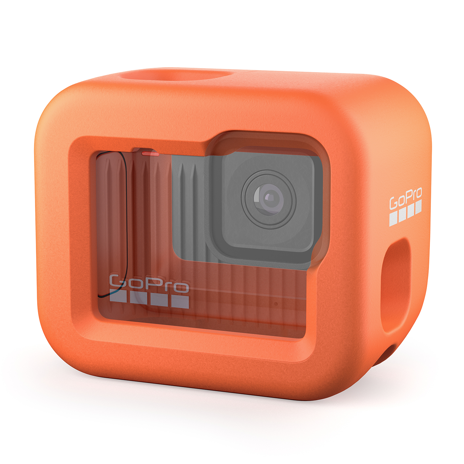 Una fotocamera GoPro arancione in una custodia protettiva, con obiettivo e copertura trasparente.