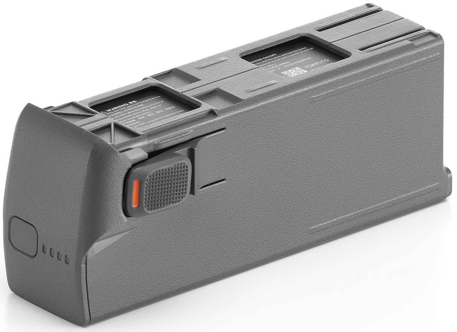 Gray drone battery. The battery is rectangular with an orange button and some warning labels.