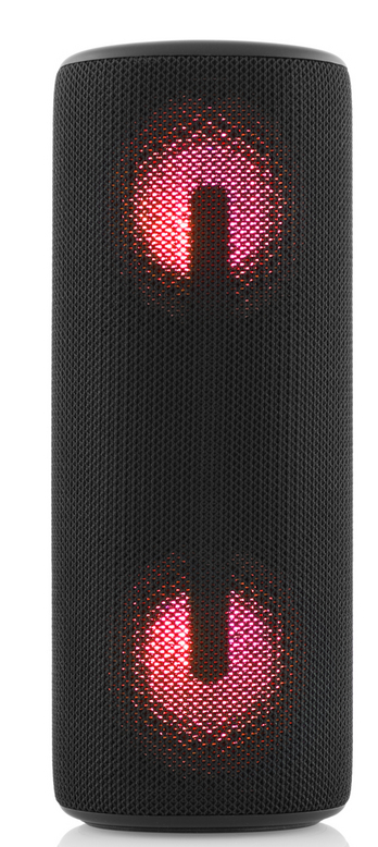 Czarny głośnik z świecącymi różowymi światłami pośrodku.