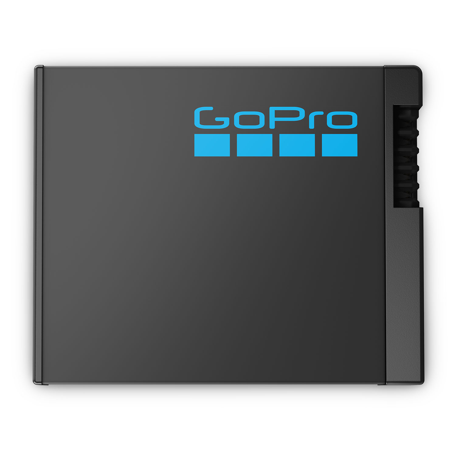 Batteria GoPro nera con il logo GoPro blu su sfondo bianco.