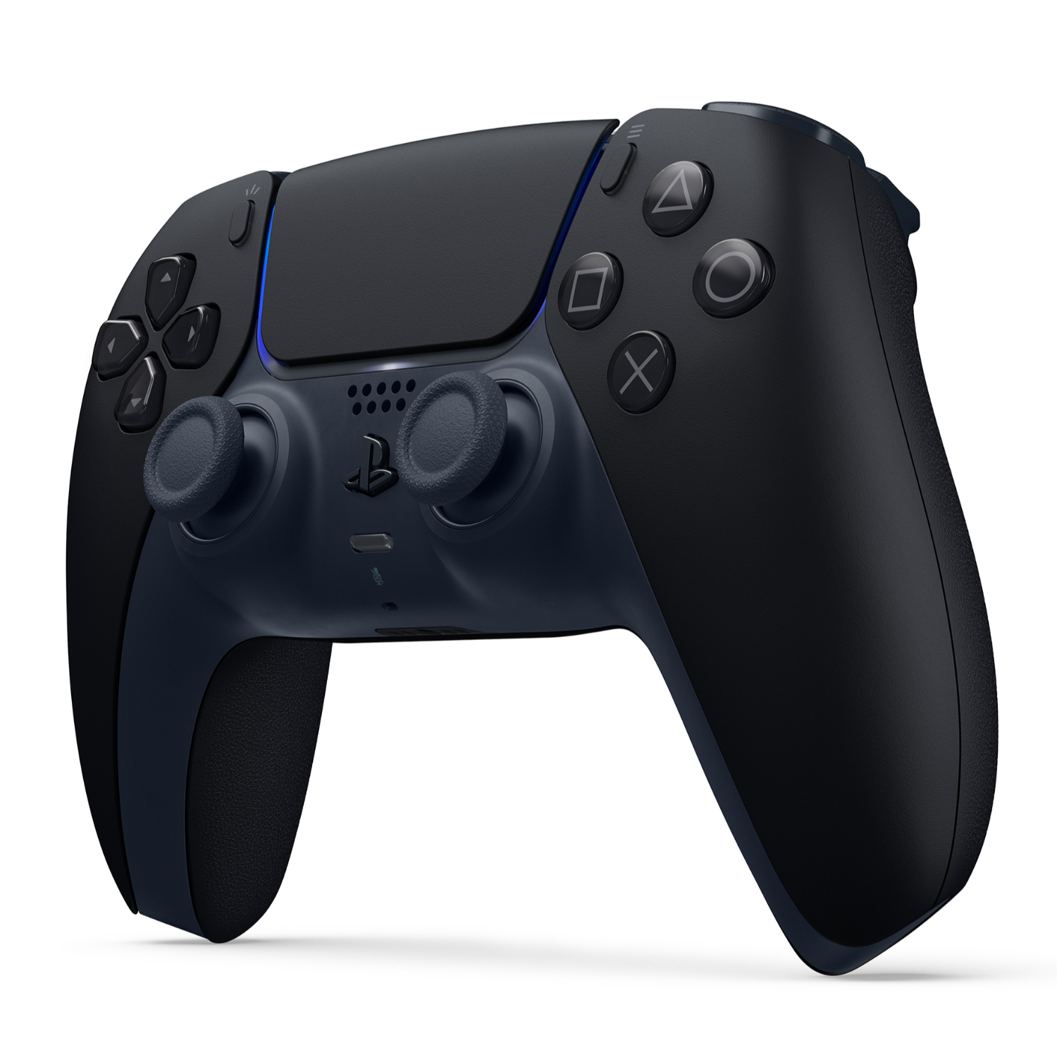Een zwarte PS5-controller met blauwe accenten. Knoppen zijn onder meer een D-pad, X, O, driehoek en vierkant.