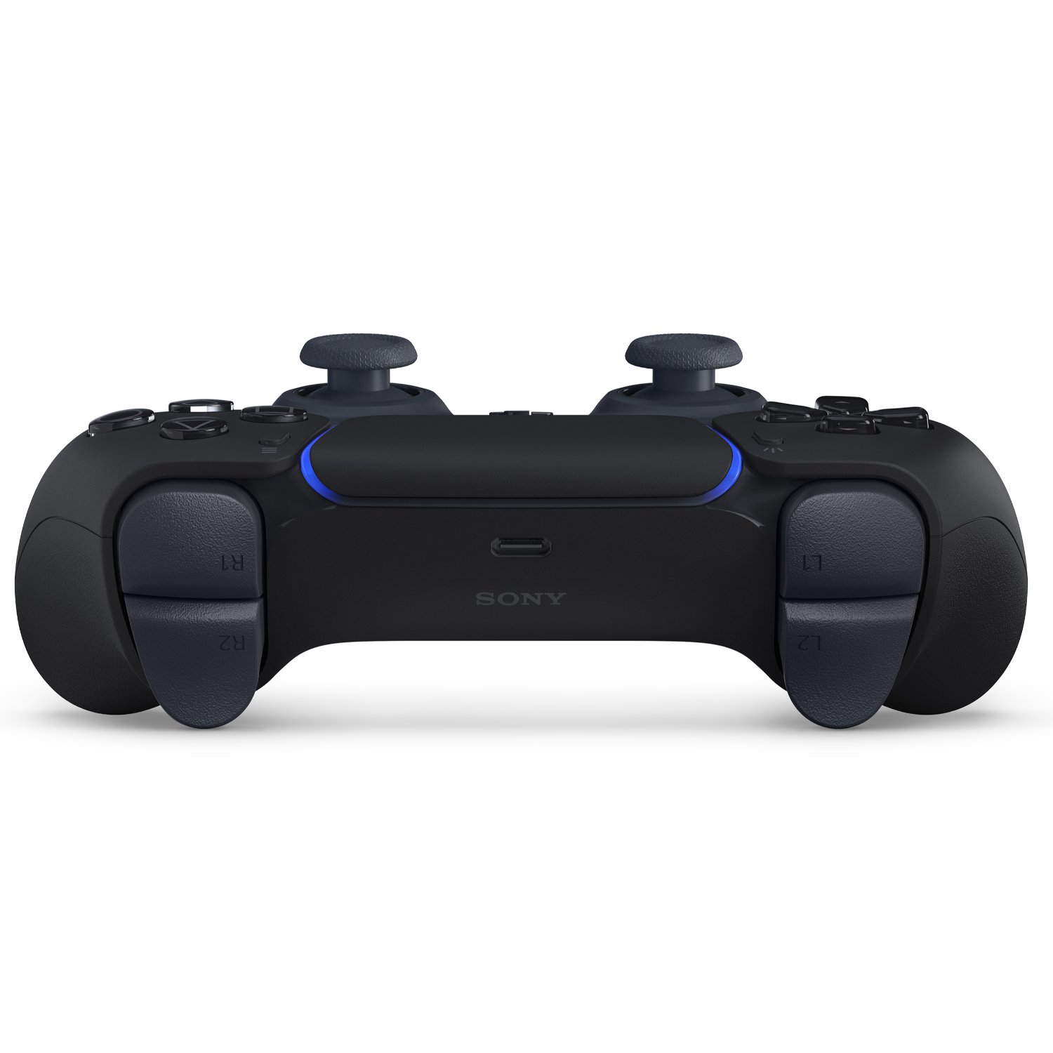 Zwarte PlayStation 5-controller met zichtbare knoppen, triggers en joysticks. 'SONY' staat erop.