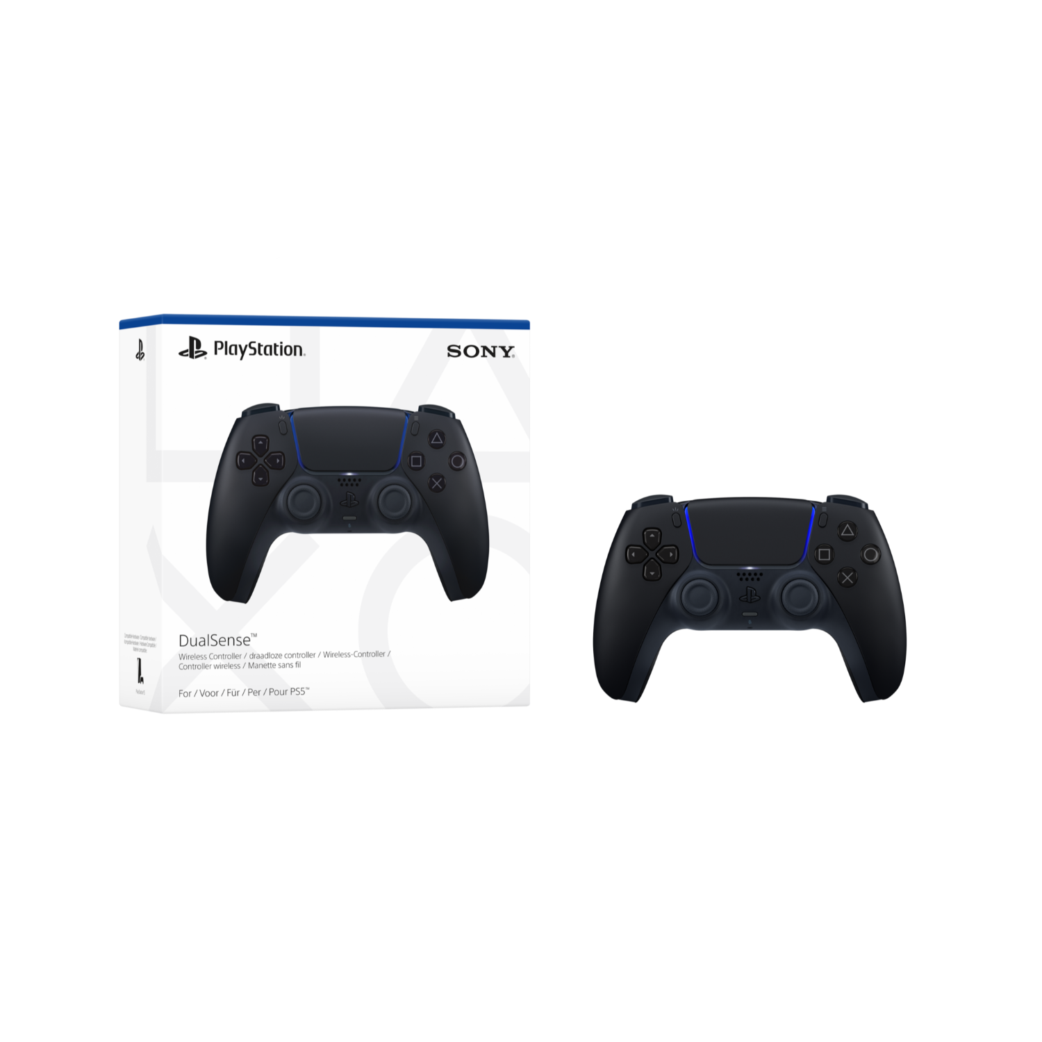 PlayStation DualSense-controller en doos. De controller is zwart met blauwe accenten. De doos toont de controller.