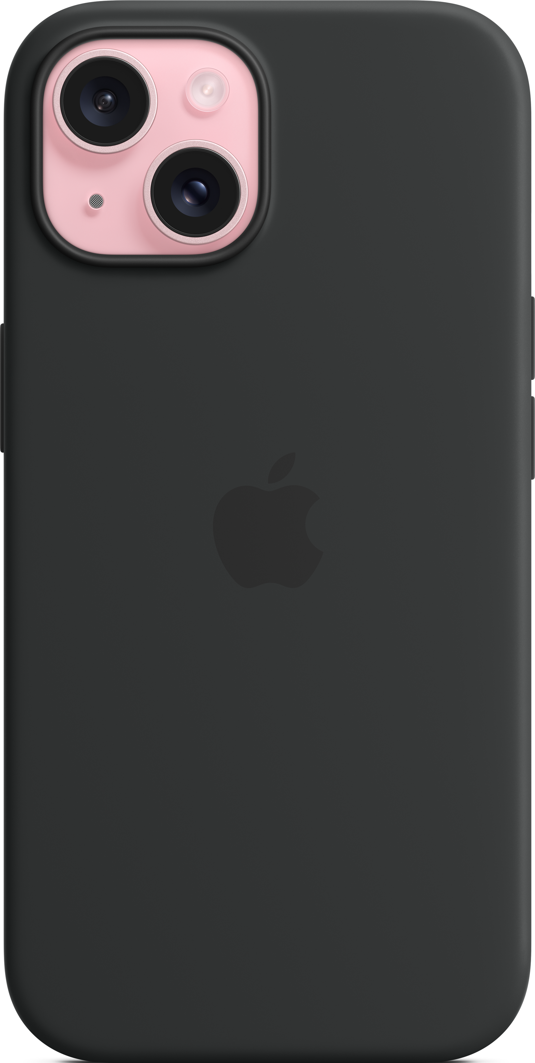 Schwarzes iPhone 14 mit schwarzer Hülle. Rosa Kamerahügel. Apple-Logo sichtbar.
