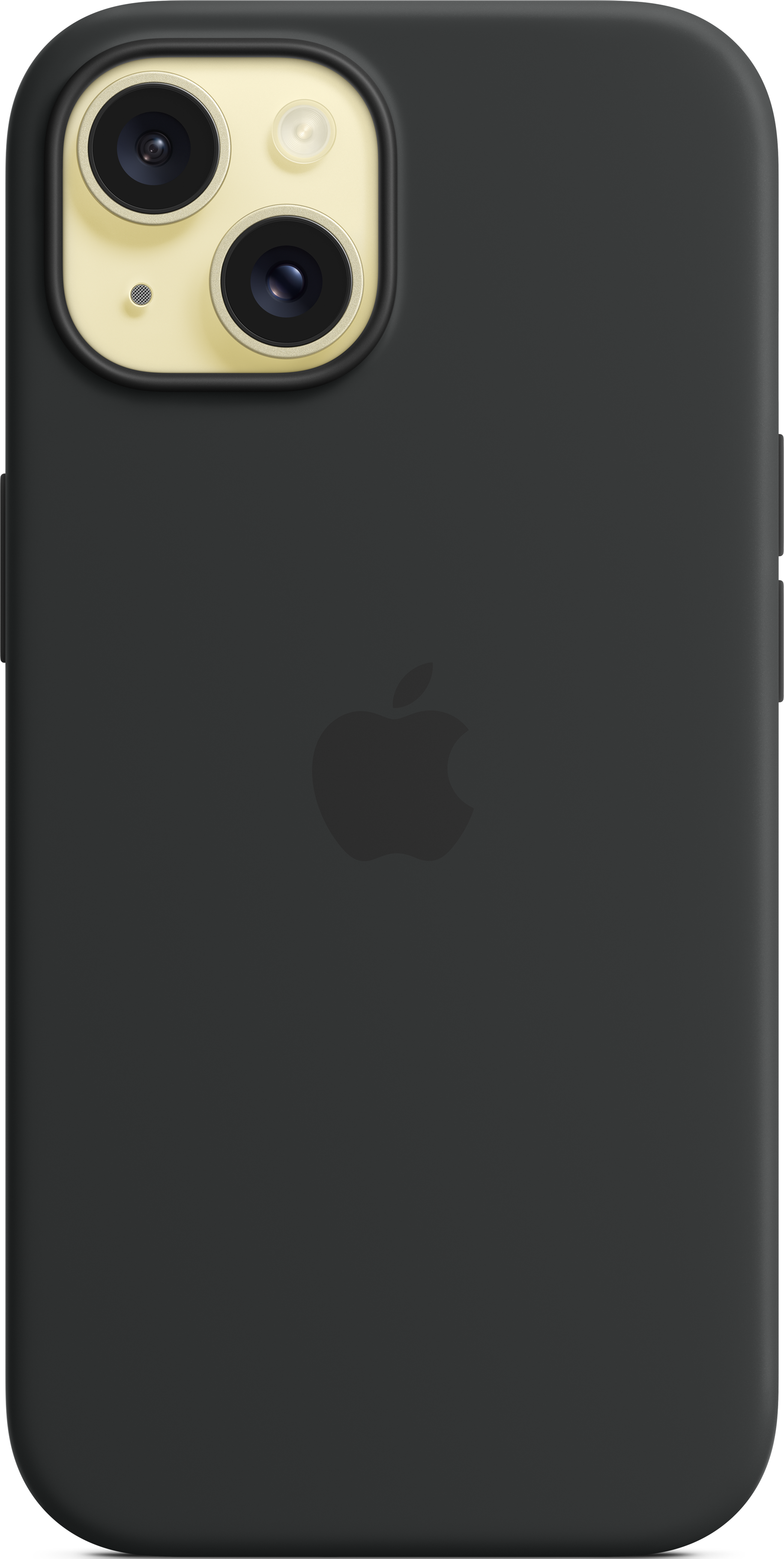 Schwarze iPhone-Hülle mit Kameraerhöhung. Die Rückseite des Telefons ist durch die Hülle sichtbar. Apple-Logo schwarz.