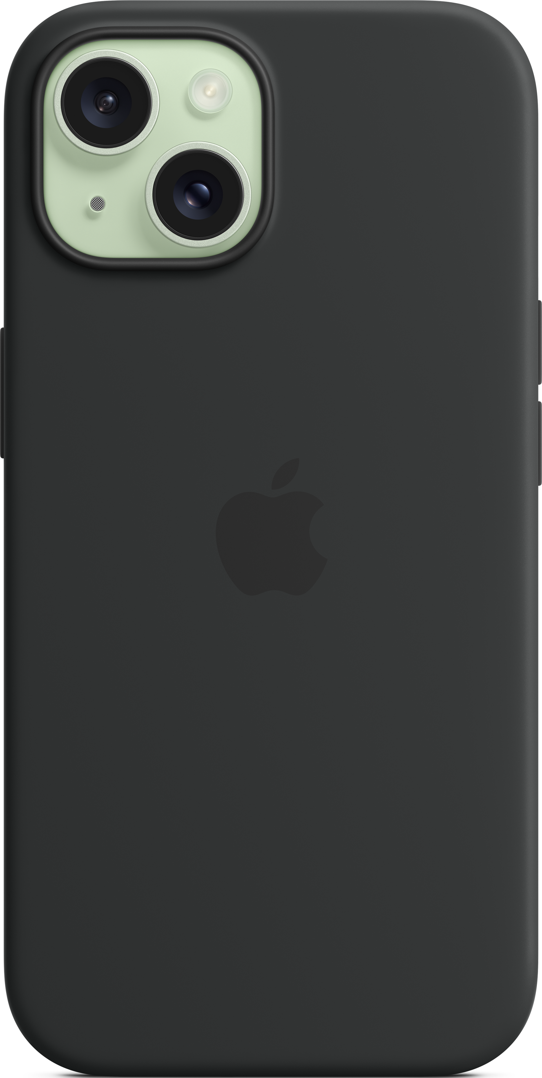 iPhone 14 mit schwarzer Silikonhülle. Das Apple-Logo ist sichtbar.