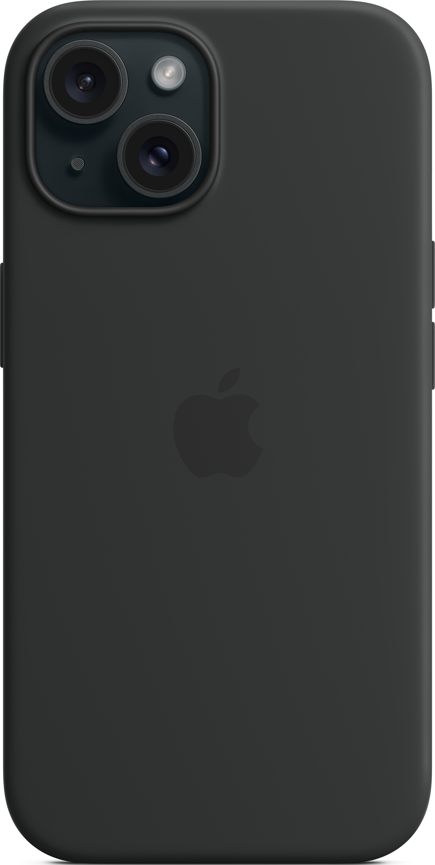Schwarzes iPhone 14 mit schwarzer Hülle, Apple-Logo und Kameralinsen.