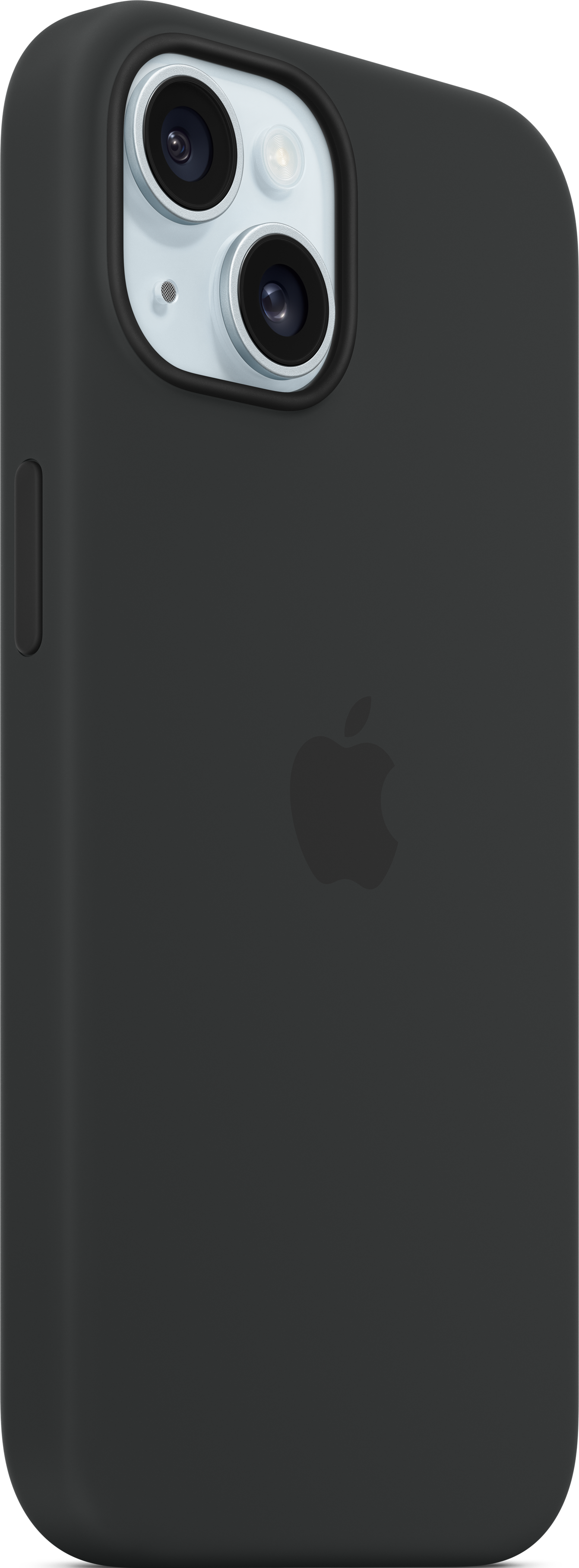 Schwarze iPhone-Hülle mit Apple-Logo auf der Rückseite und Kameralinsen.