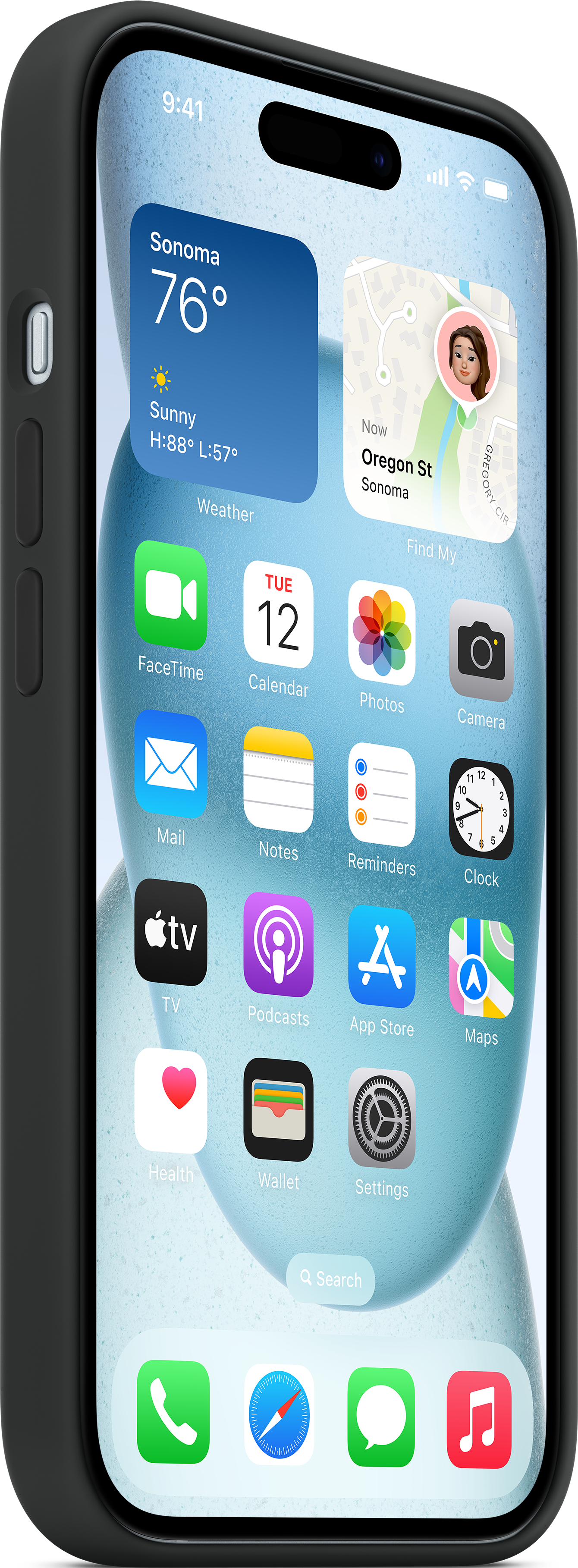 iPhone mit schwarzem Case, zeigt den Homescreen mit Wetter und App-Icons.