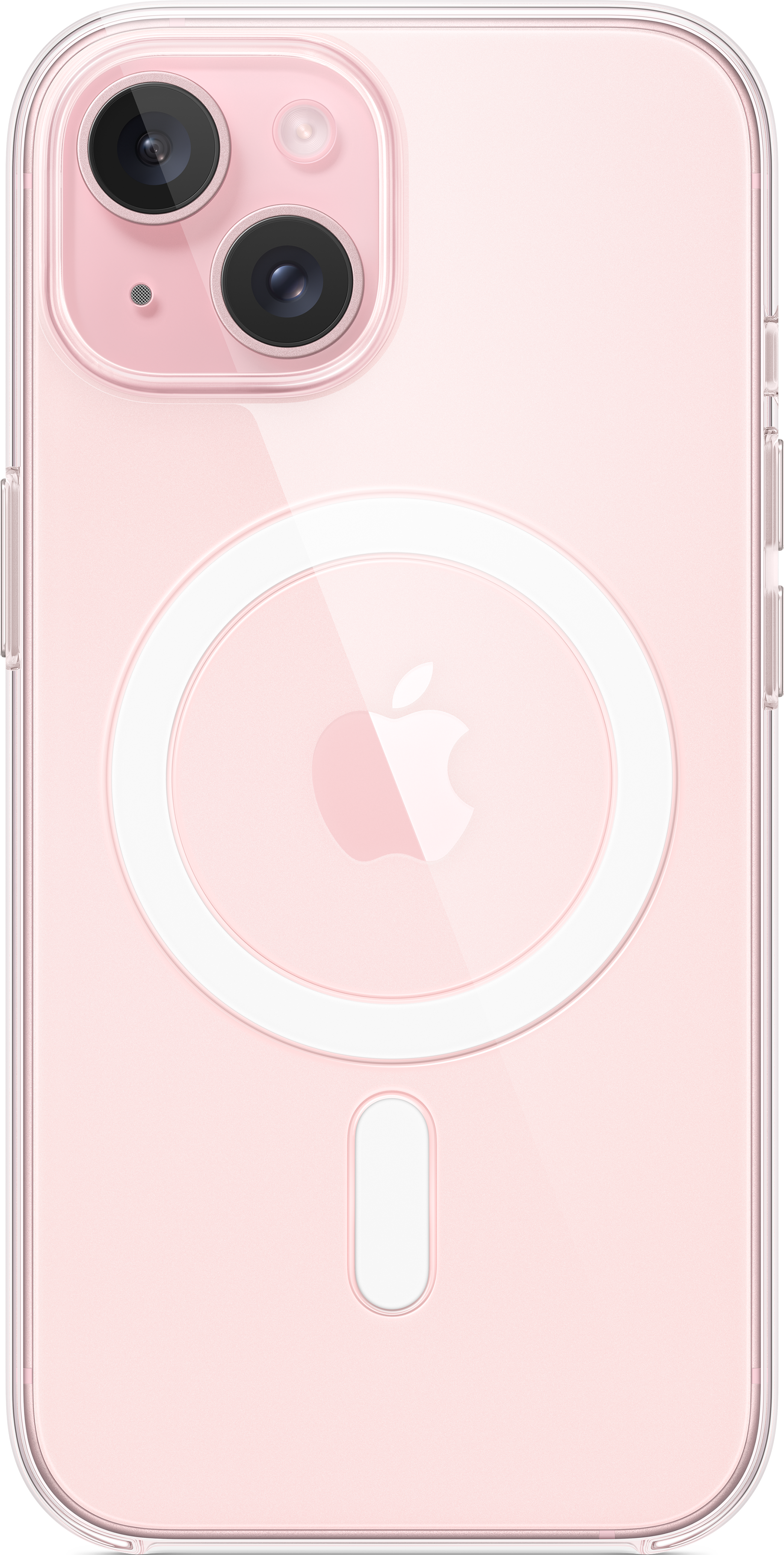 iPhone 14 rose avec une coque transparente. L'arrière montre le logo Apple et un cercle MagSafe.