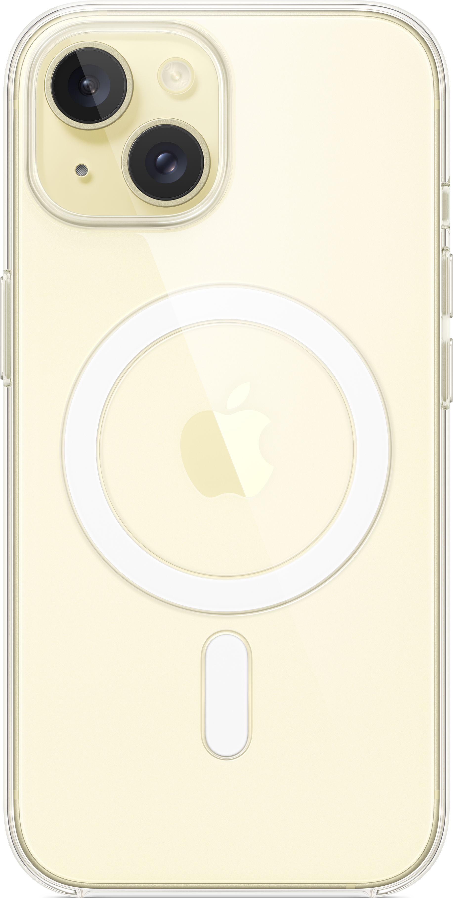 Dos d'une coque d'iPhone jaune, transparent avec un cercle blanc et le logo Apple.