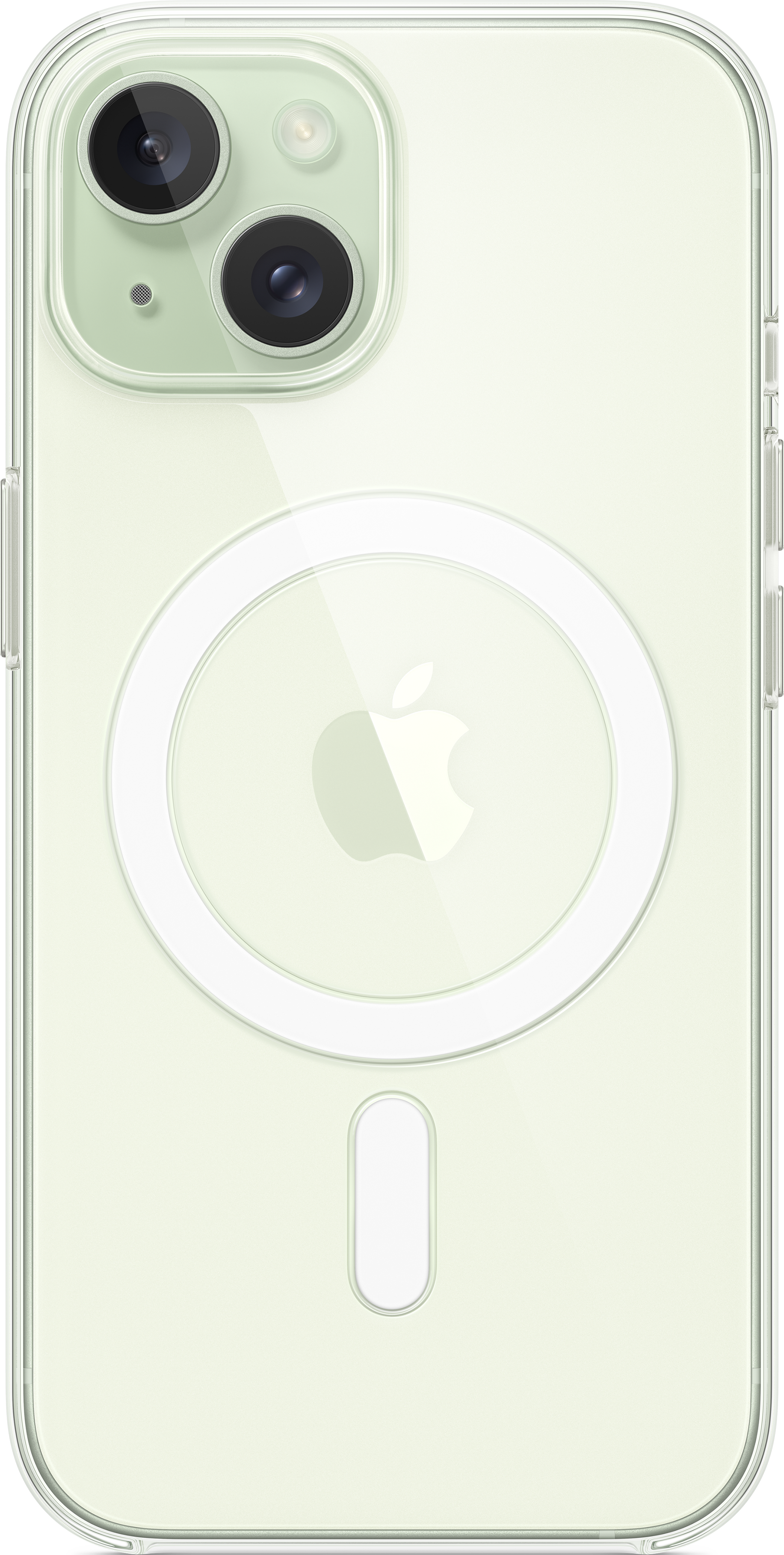Dos iPhone vert. Coque transparente, logo Apple, anneau MagSafe. Double appareil photo, vert.