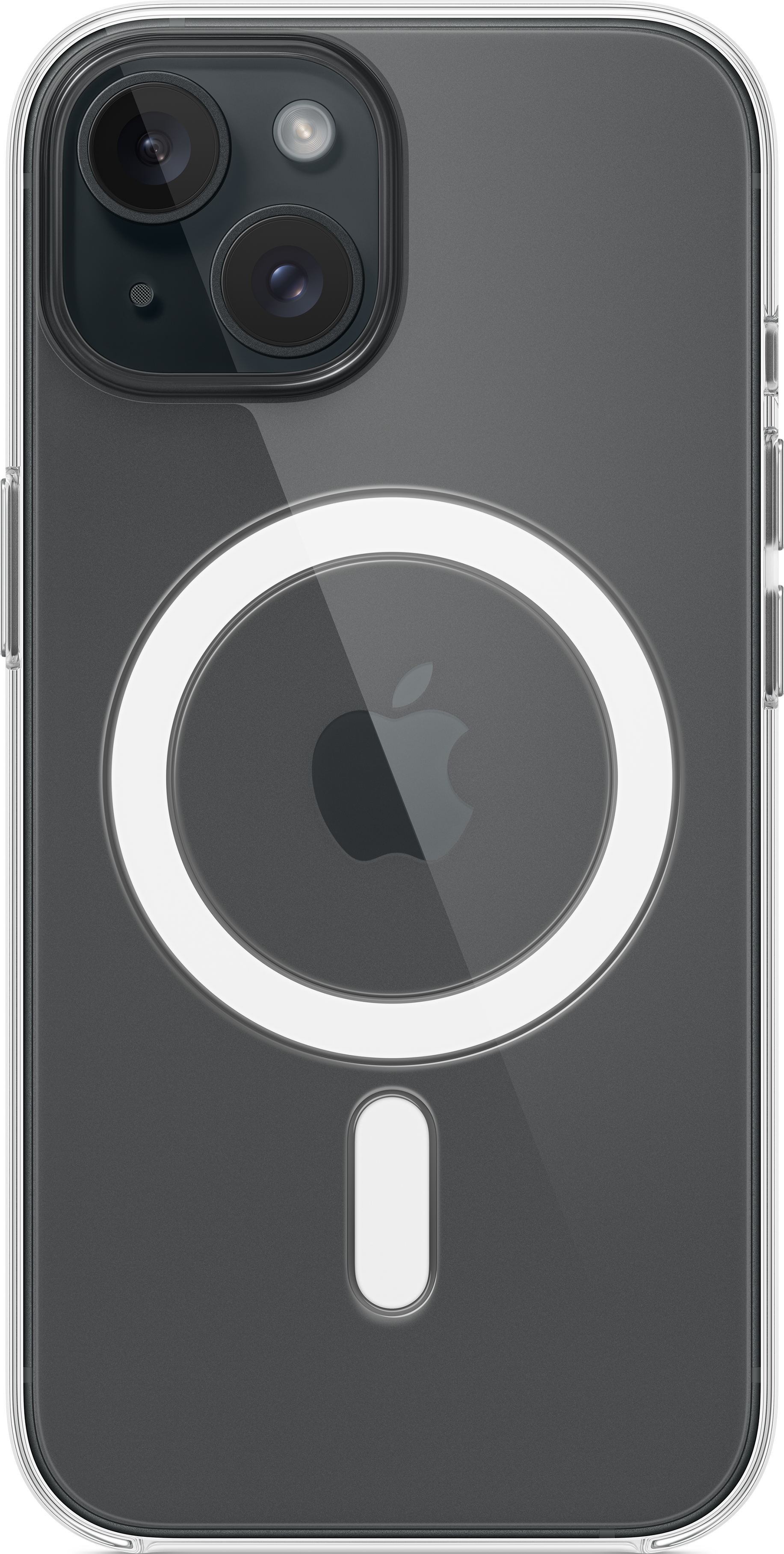 L'arrière d'une coque d'iPhone transparente avec un téléphone noir à l'intérieur et un design circulaire blanc.