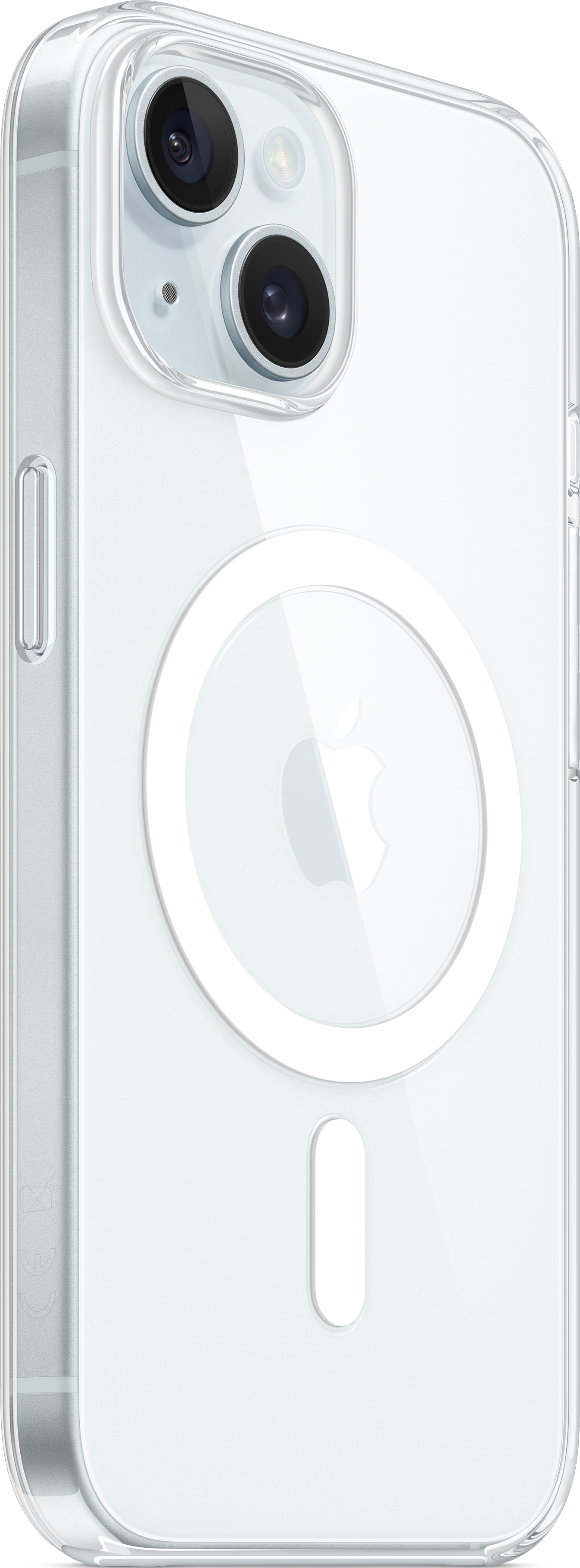 Une coque transparente pour iPhone avec un anneau MagSafe et un logo Apple. L'arrière du téléphone est visible.