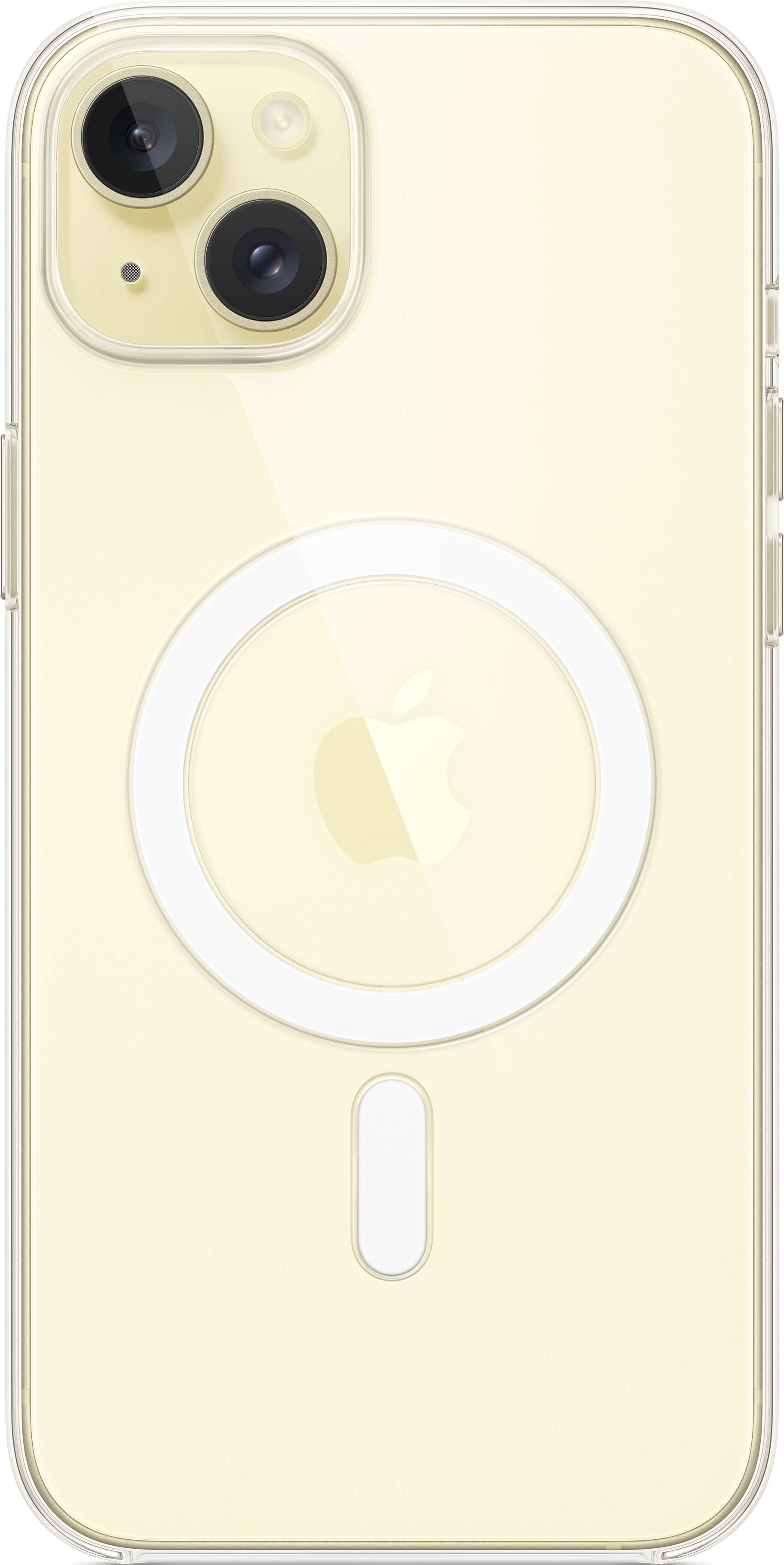 iPhone jaune avec double caméra et logo Apple au dos.