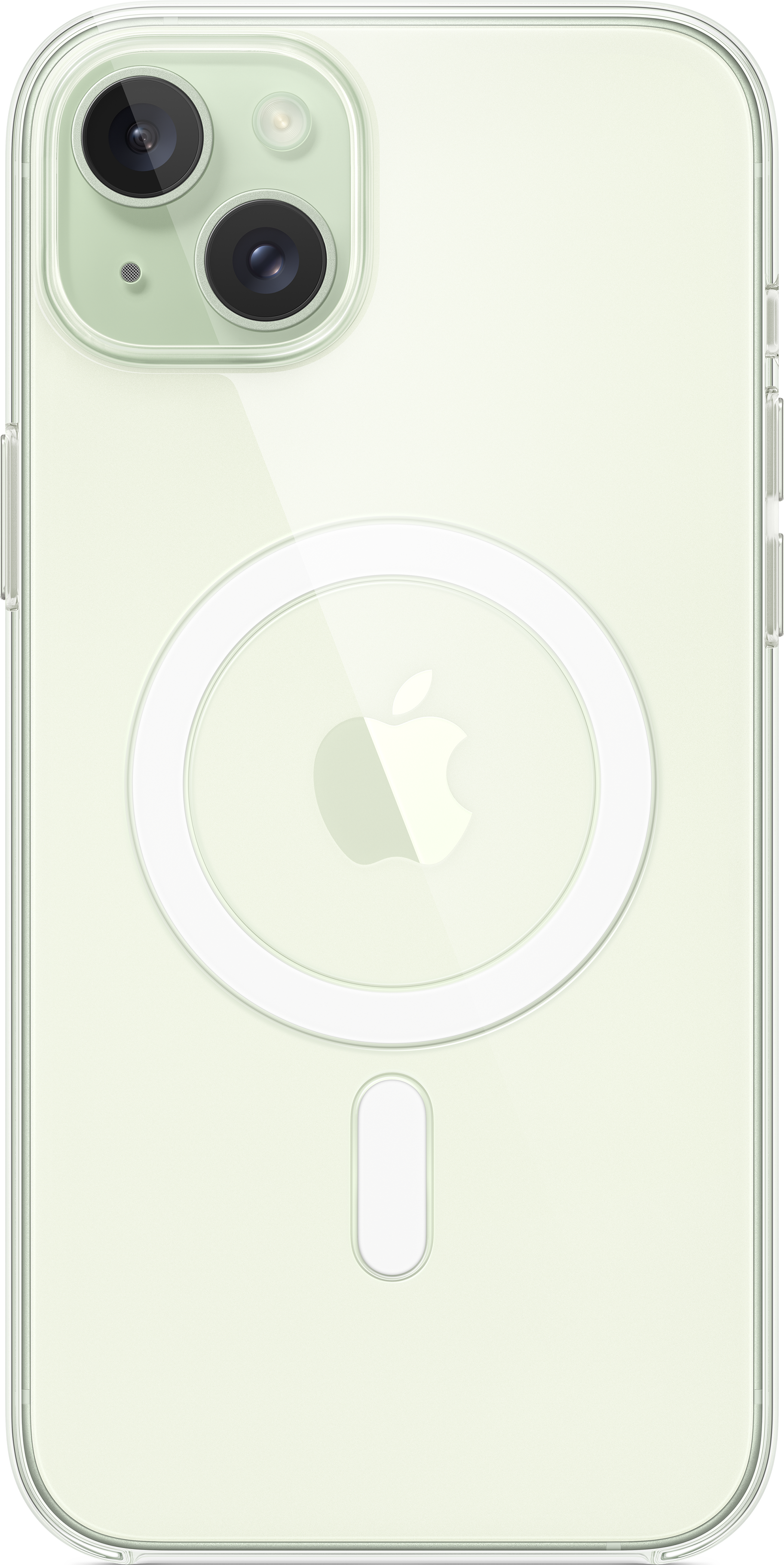 Dos d'un iPhone avec une coque transparente, montrant l'appareil photo et un anneau MagSafe blanc.