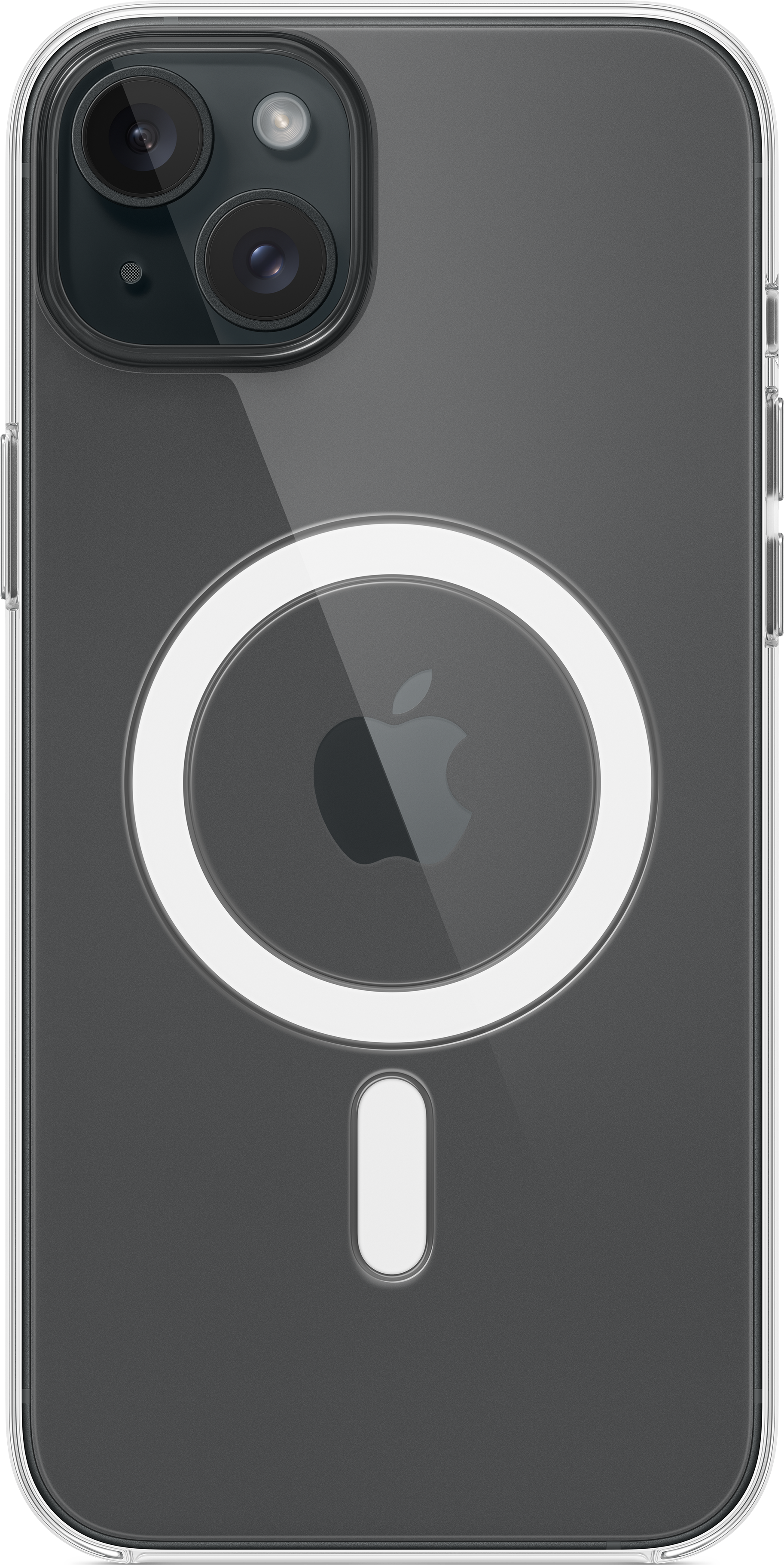 Coque de téléphone transparente avec anneau magnétique blanc et ouverture de charge.