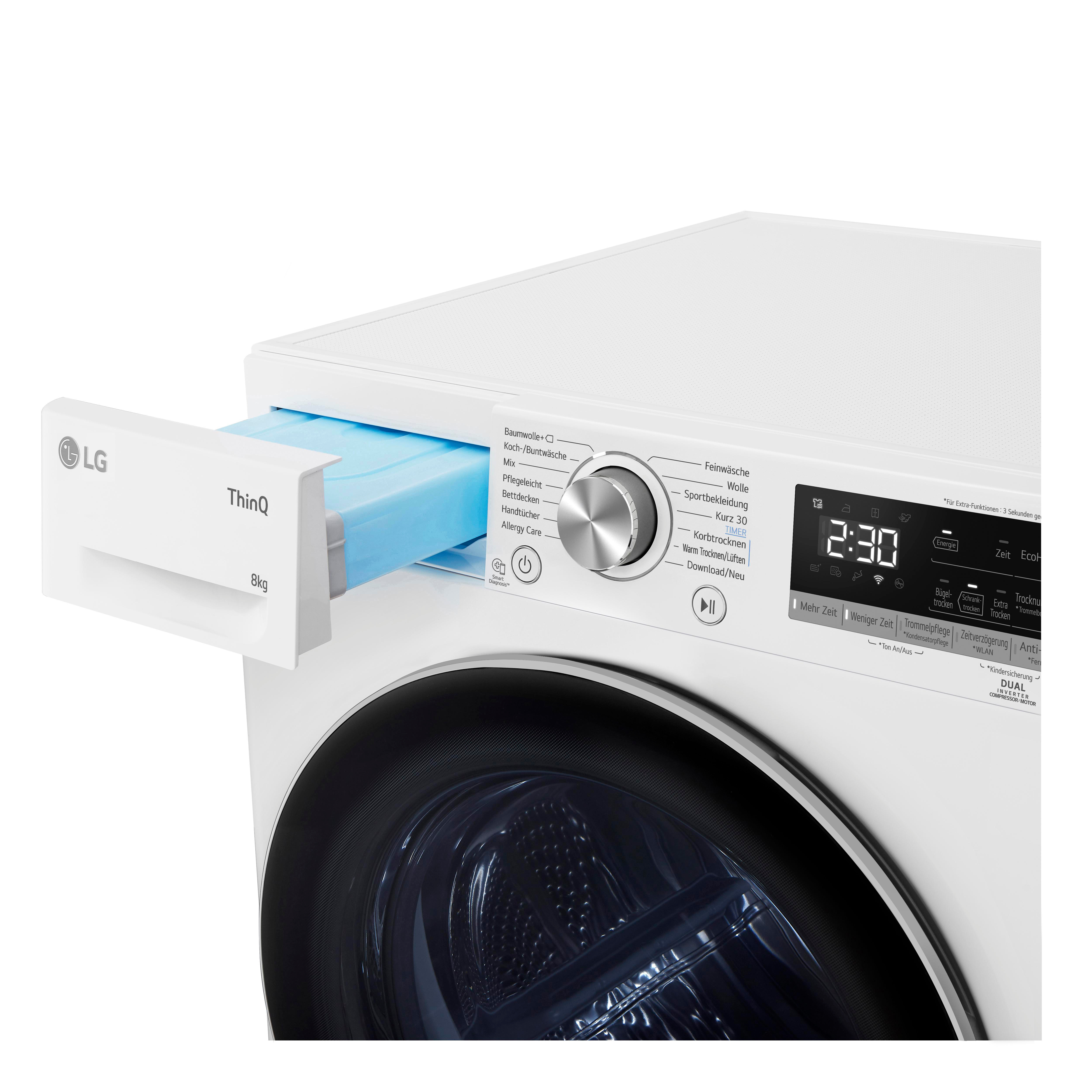 Weißer LG Trockner mit geöffneter blauer Waschmittelschublade.