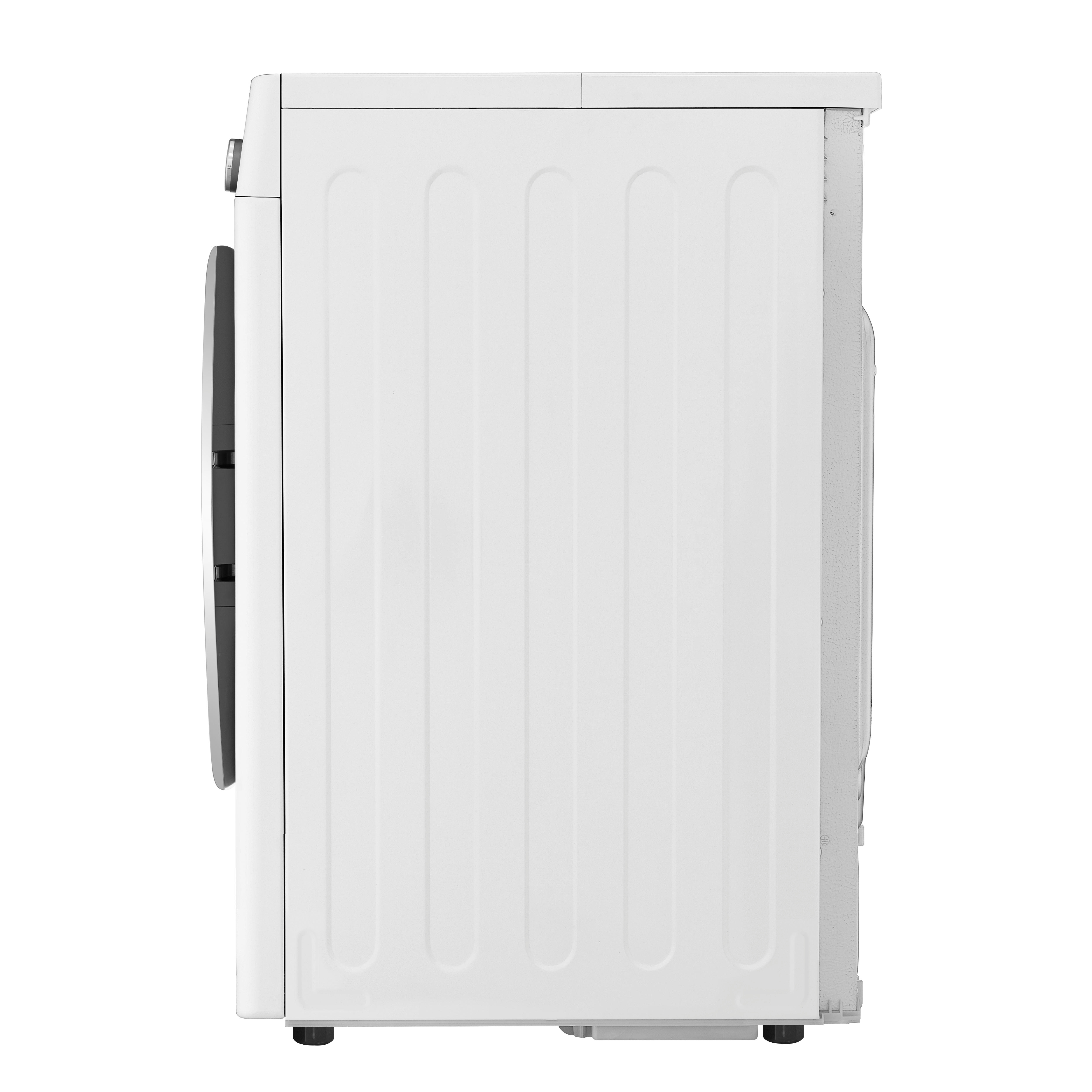 Eine weiße Waschmaschine, Seitenansicht, mit geripptem Design.