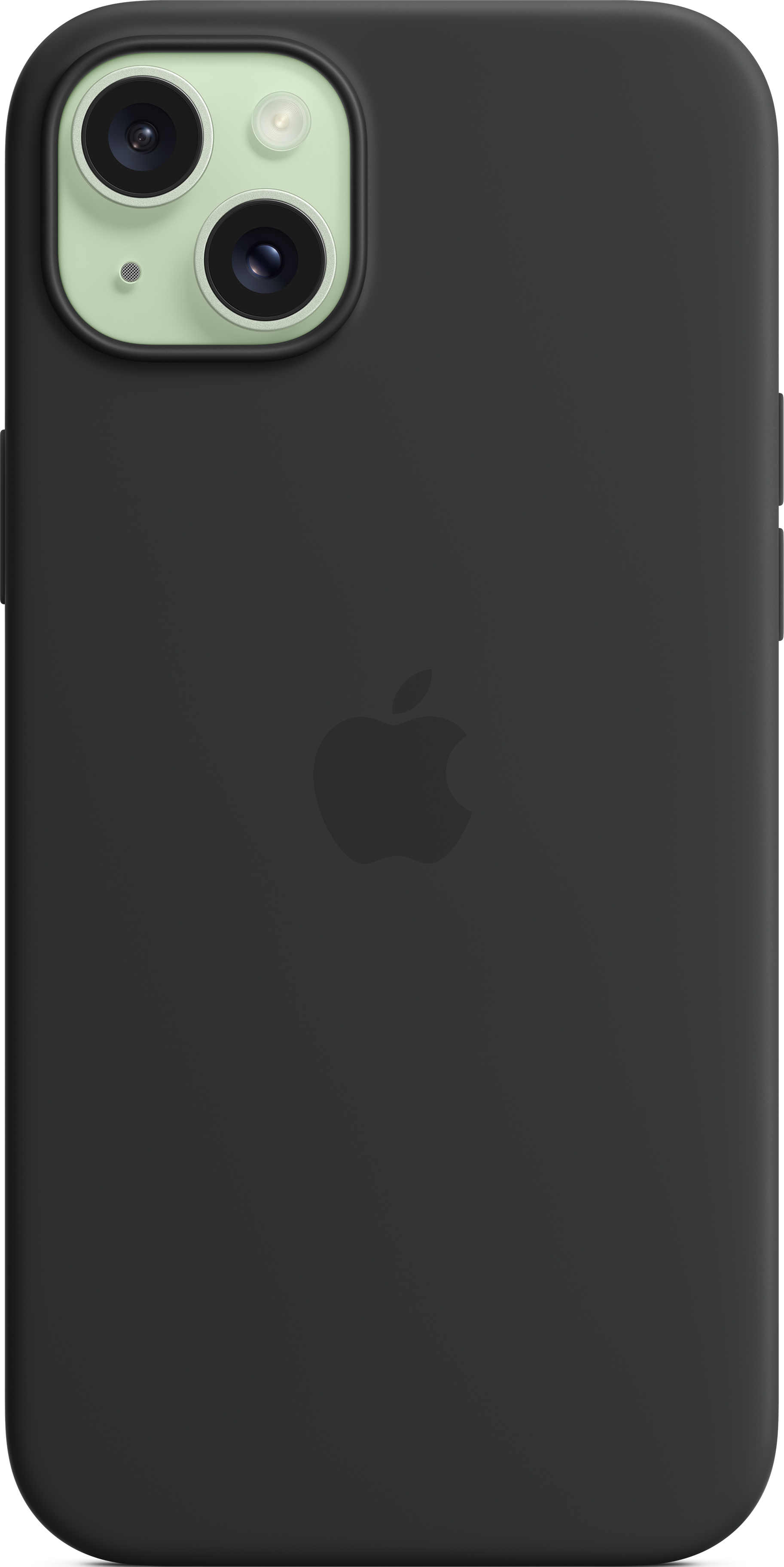 Schwarzes iPhone 14 mit schwarzer Hülle. Grüner Kamerahügel. Apple-Logo sichtbar.
