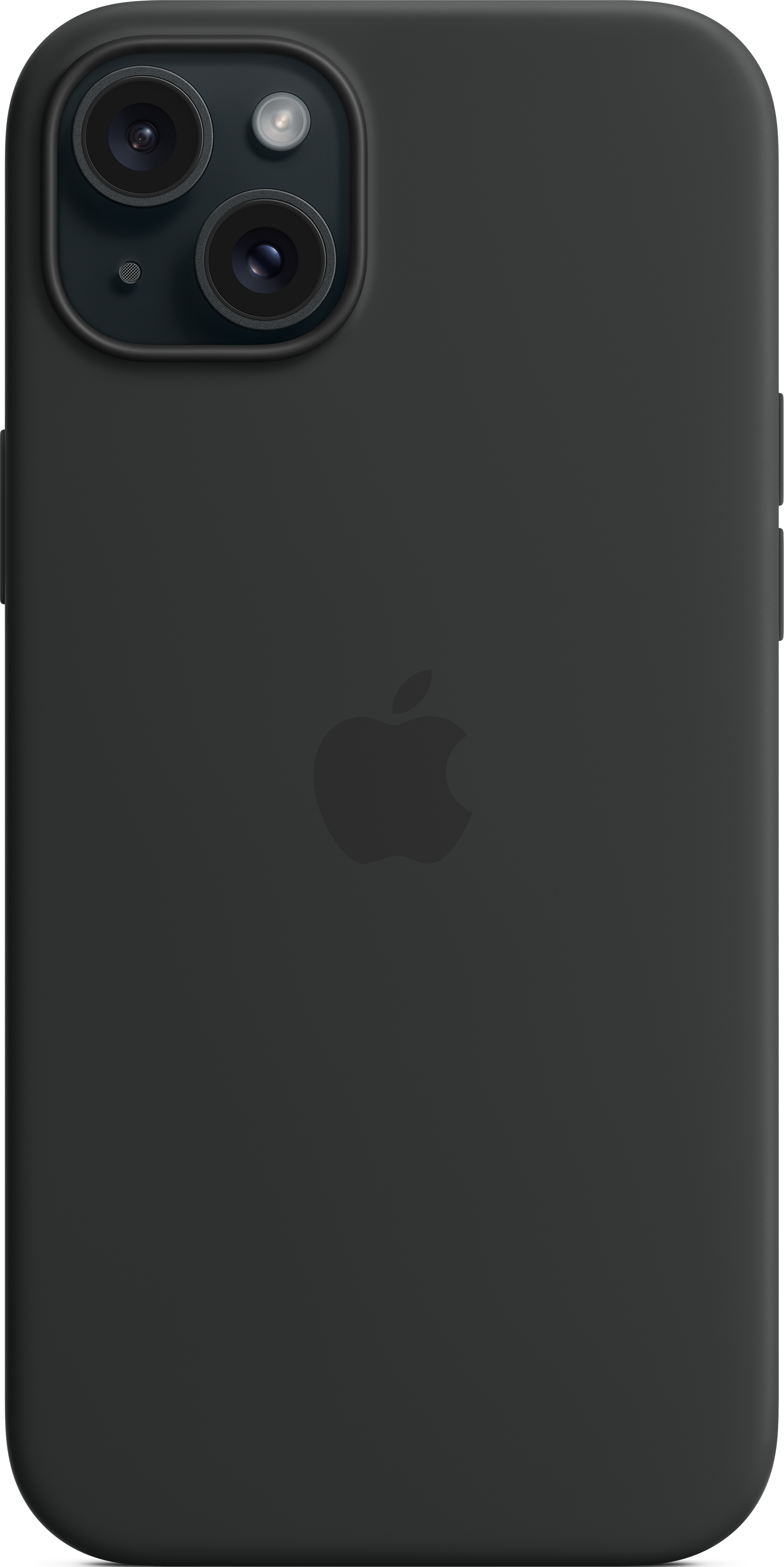 Nahaufnahme eines schwarzen iPhones mit Dual-Kameras, Apple-Logo und schlankem Design.