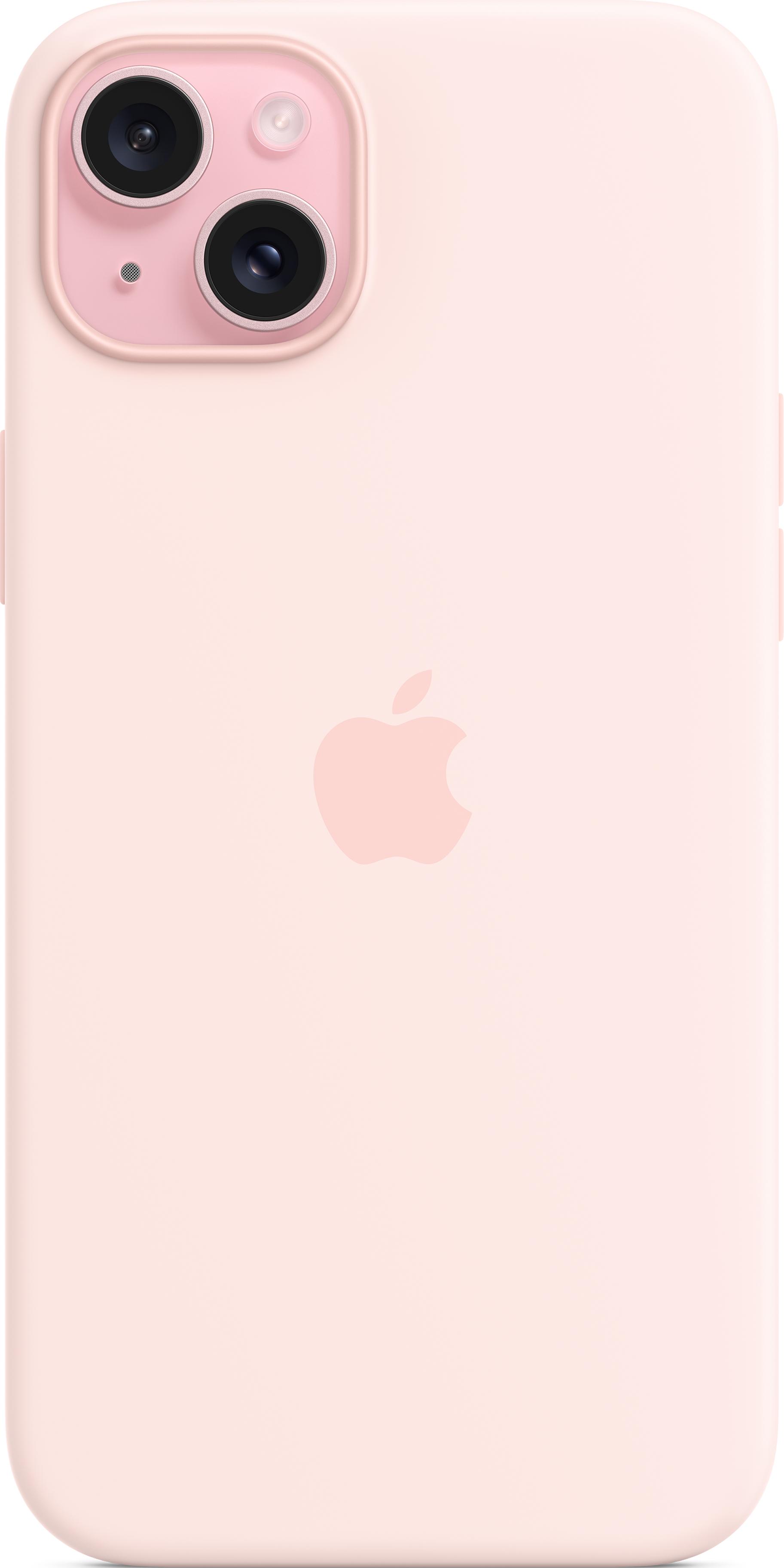 iPhone 14 rose avec coque rose. Bosse de caméra rose. Logo Apple visible.