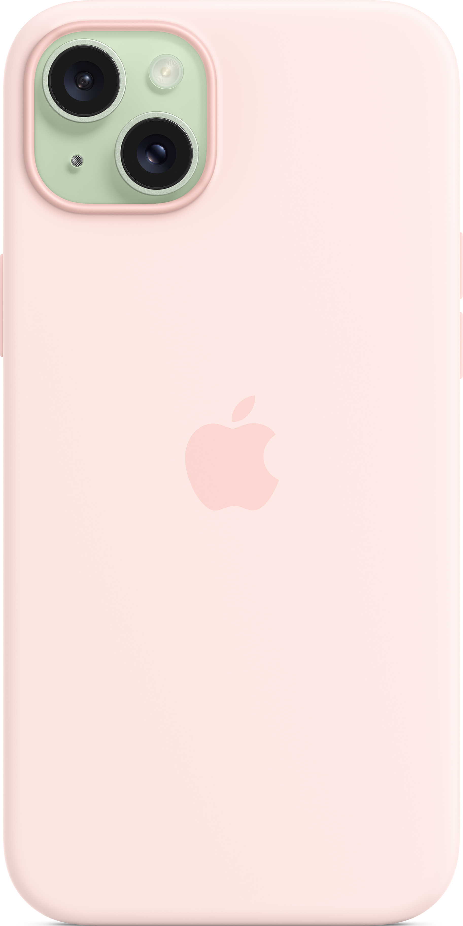 Une coque d'iPhone rose avec un logo Apple rose et un module de caméra vert.