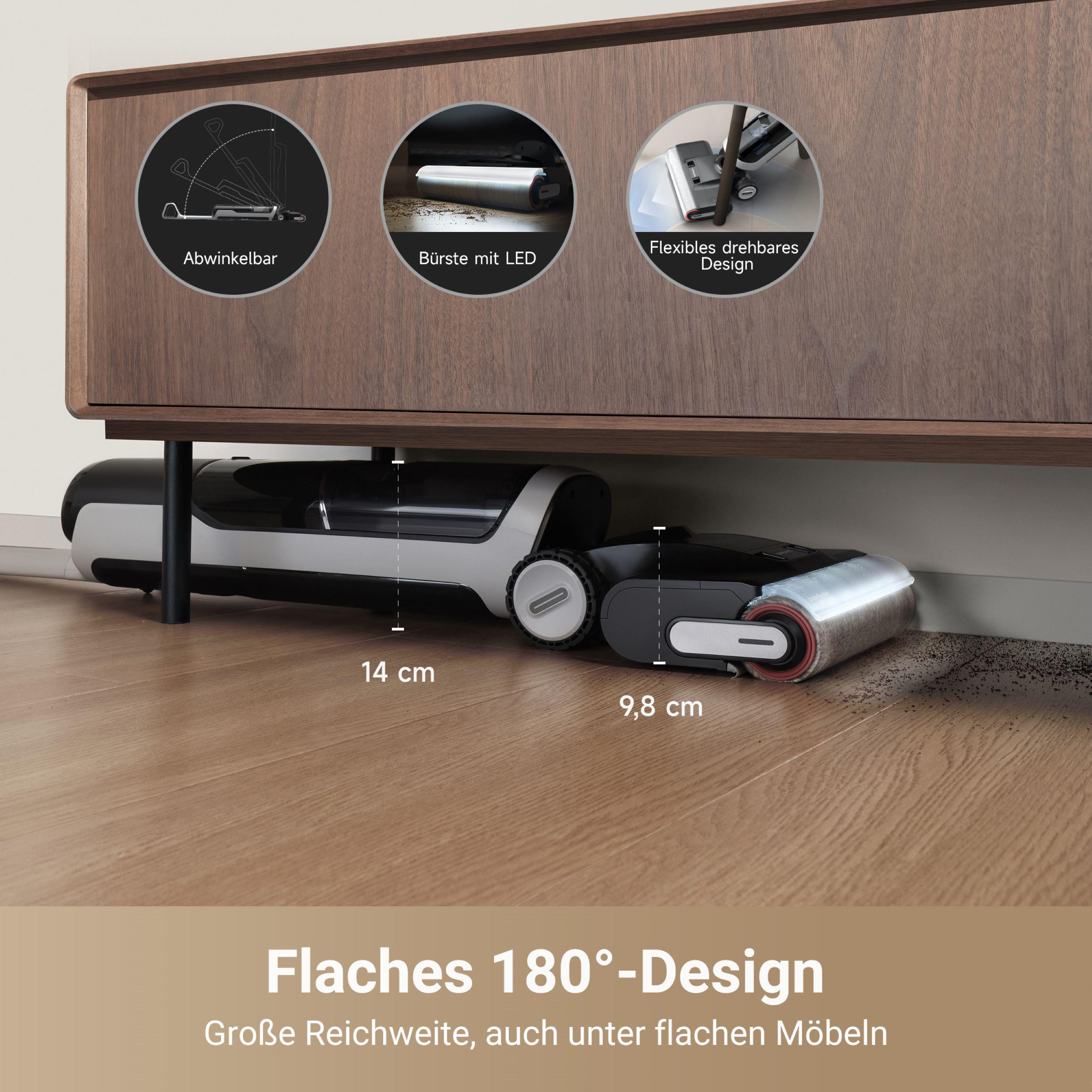 Ein flacher Staubsauger unter einem braunen Schrank mit etwas Text unten.