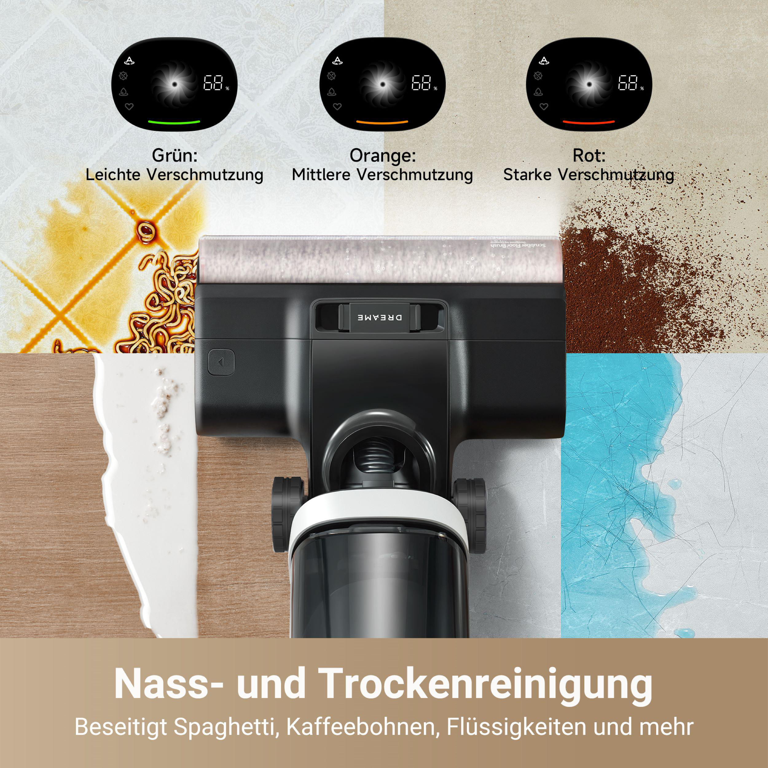 Staubsauger mit Reinigungsbeispielen: Spaghetti, Kaffee, Flüssigkeit.