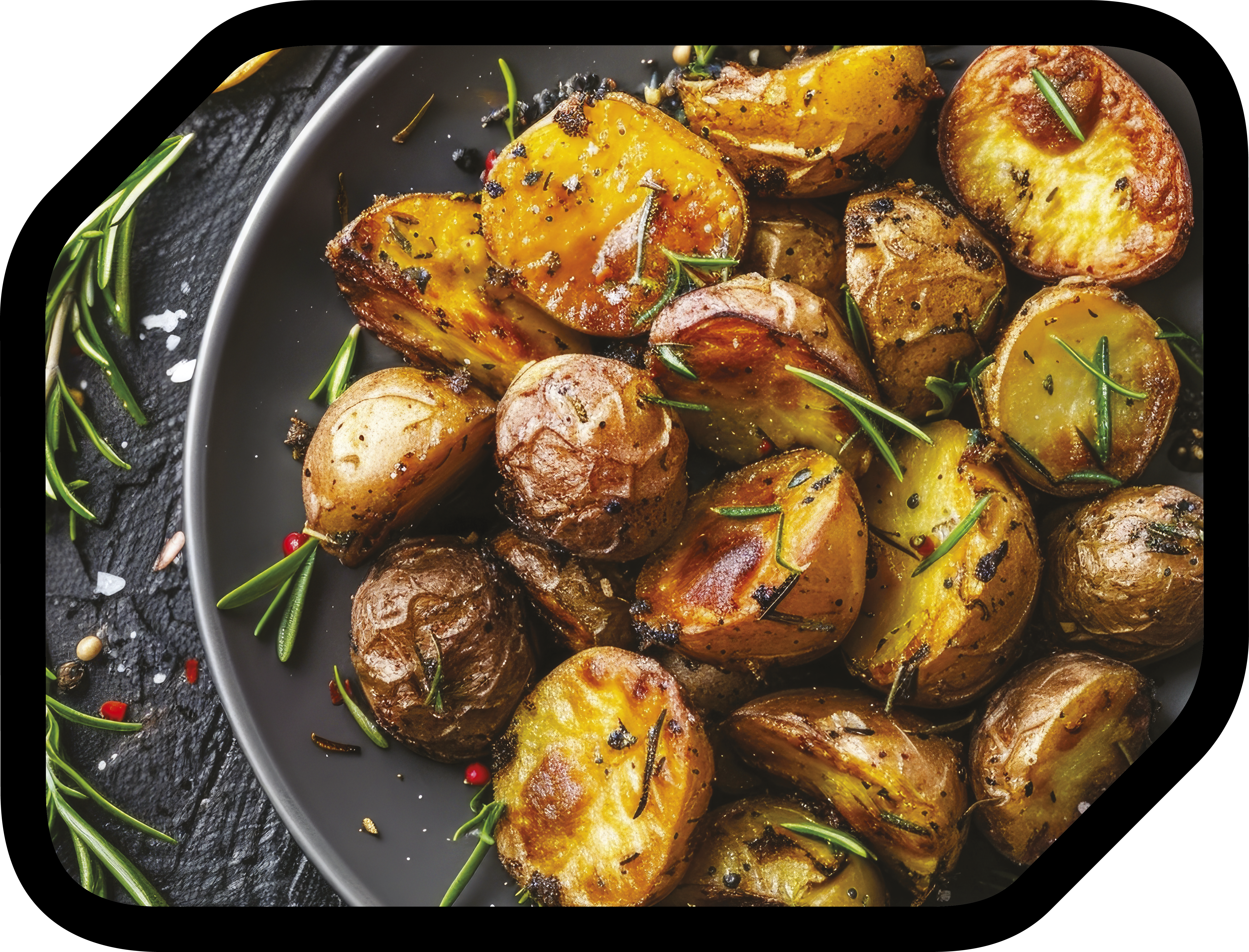 Pommes de terre rôties au romarin sur une assiette sombre.