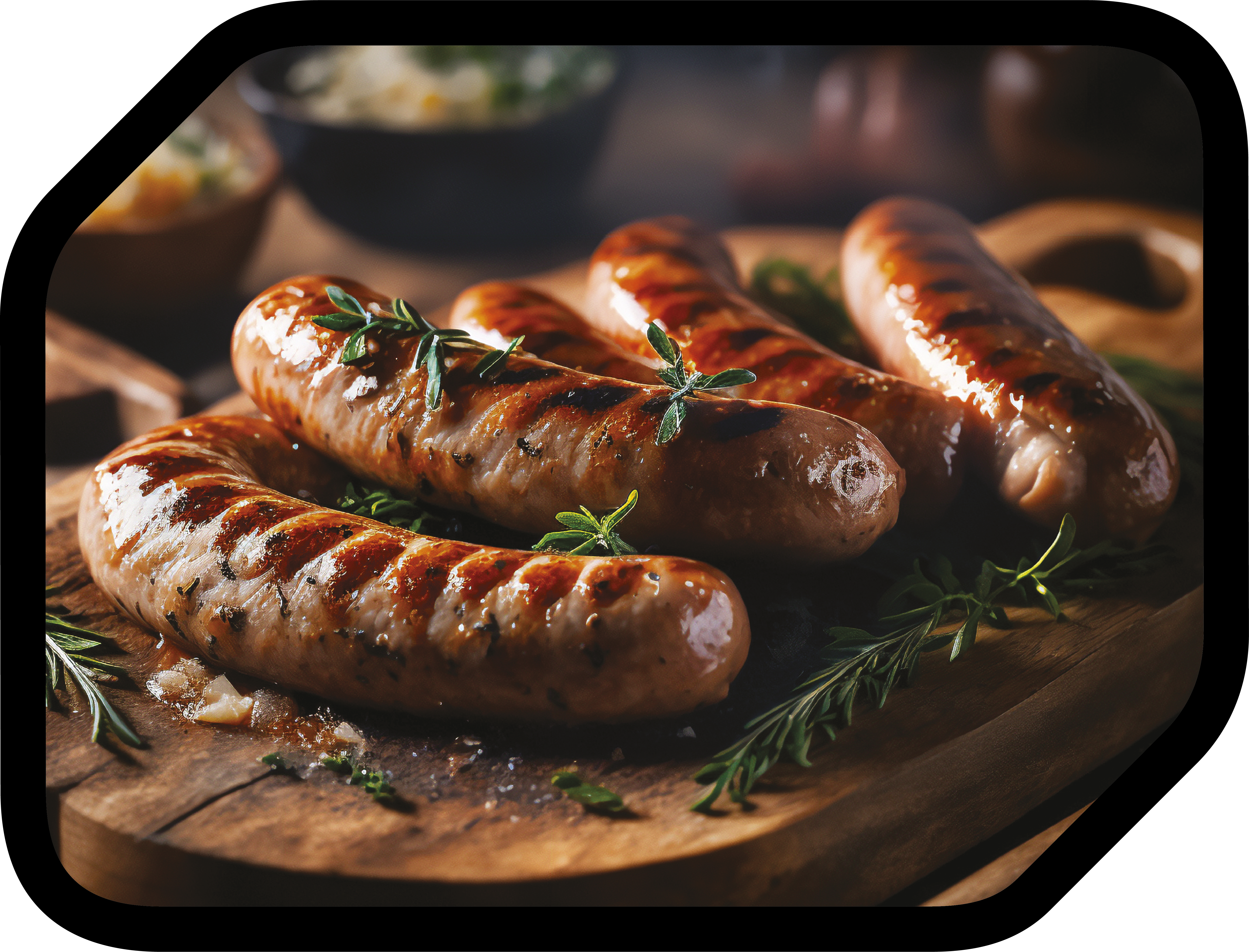 Saucisses grillées sur une planche de bois, garnies de brins de romarin.
