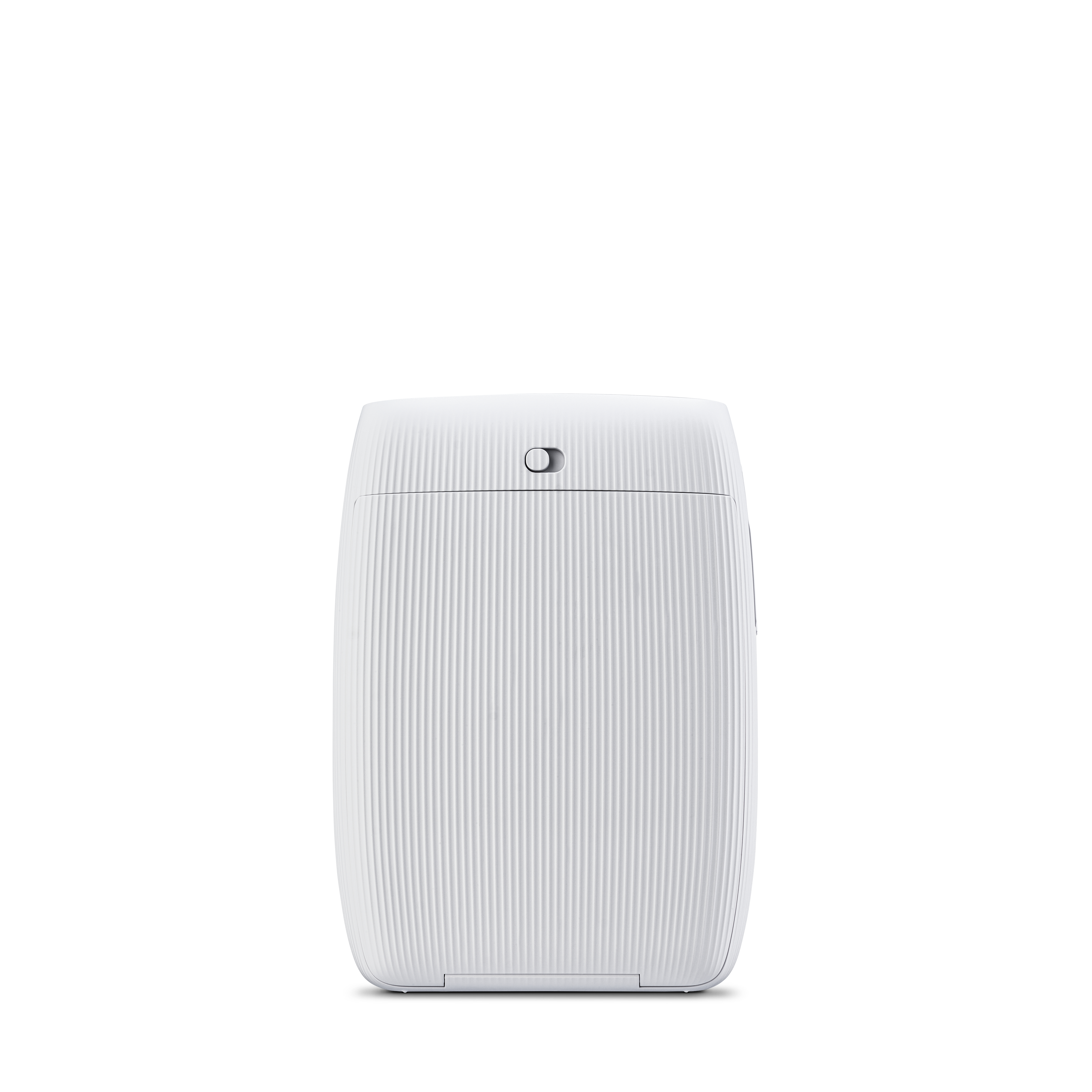 Ein weißer, zylindrischer Drucker. Er hat einen Schlitz für Papier und einen Knopf oben.