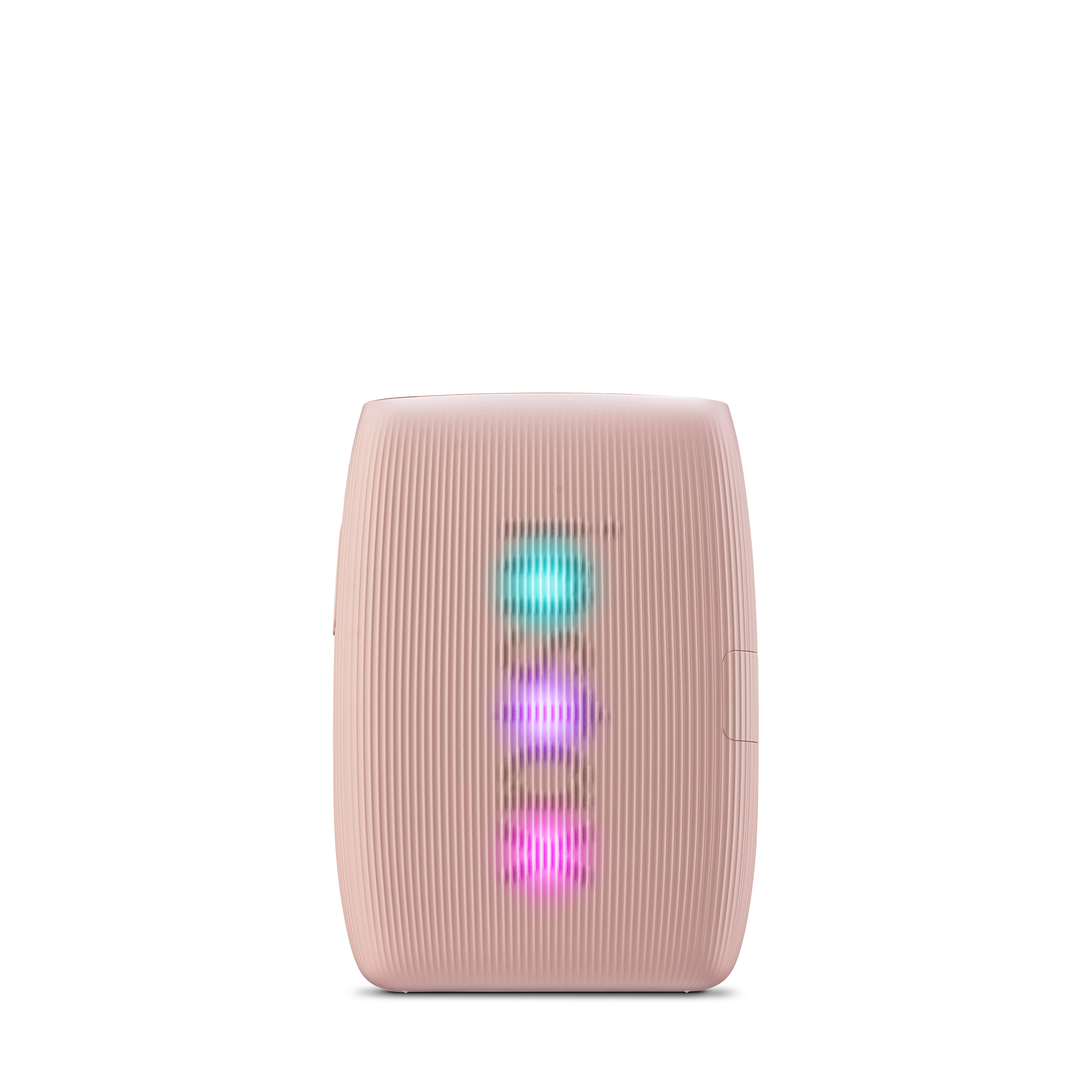 Ein kleiner, rosa, ovaler Lautsprecher mit drei farbigen Lichtern. Oberes Licht ist grün, mittleres Licht ist lila und unteres Licht ist rosa.