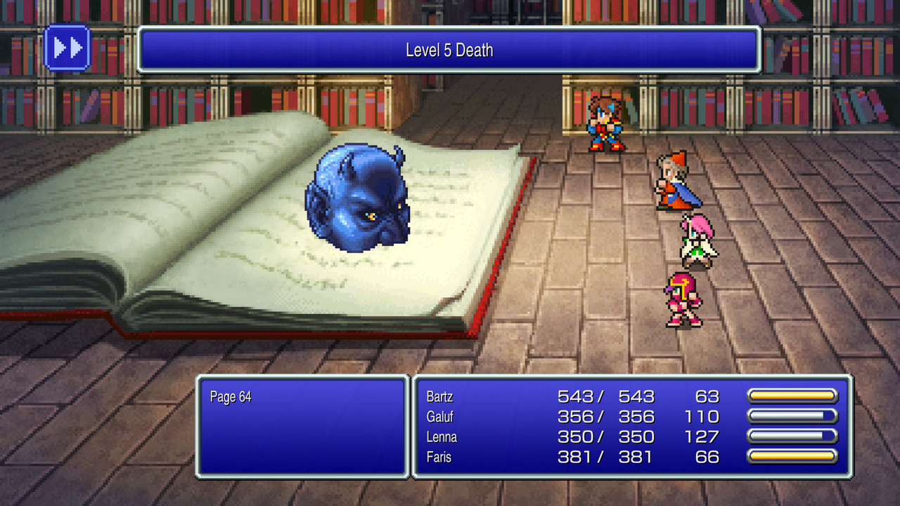 Pixeliges Spielszene mit Charakteren, einem Buch und einem blauen Monster, 'Level 5 Death'.
