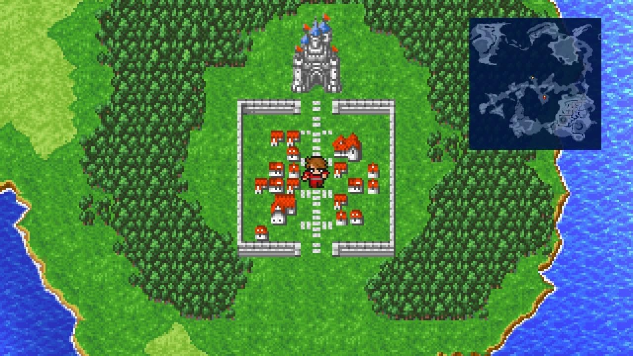 Vue aérienne d'une ville pixelisée dans un paysage vert, avec une carte dans le coin.
