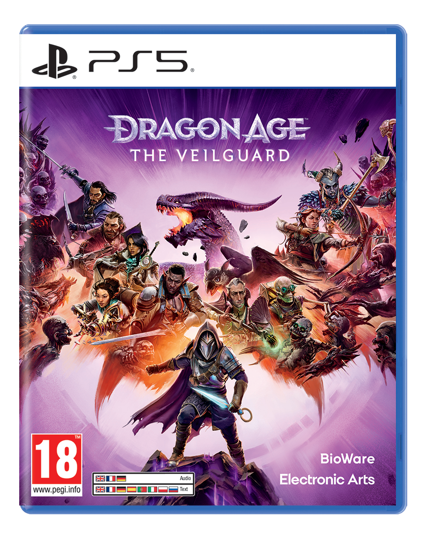 Videospiel-Cover für 'Dragon Age: The Veilguard'. Fantasy-Charaktere, Drache und Logo.