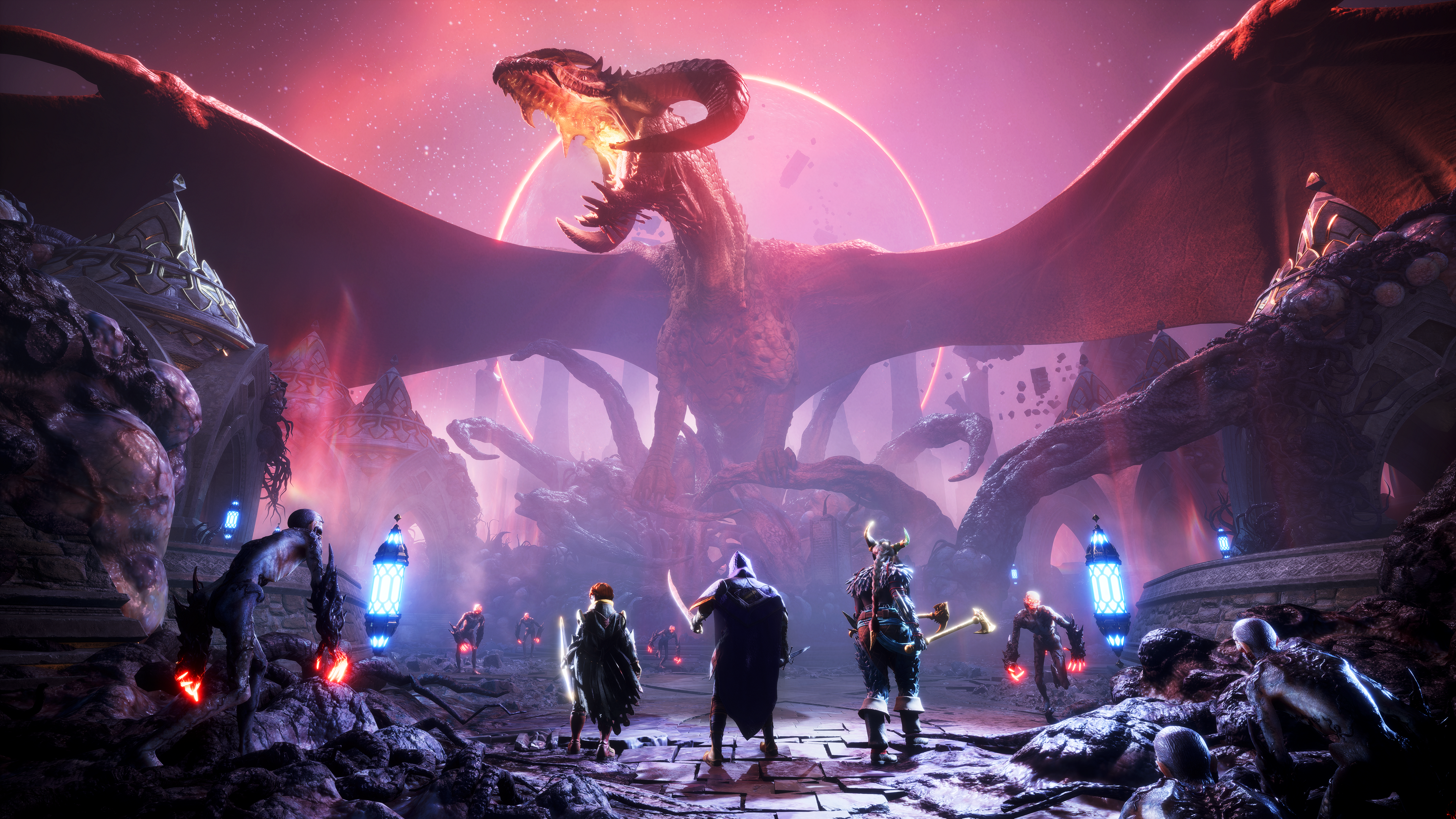 Fantasieszene von Helden, die sich einem Drachen in einer feurigen Umgebung stellen.