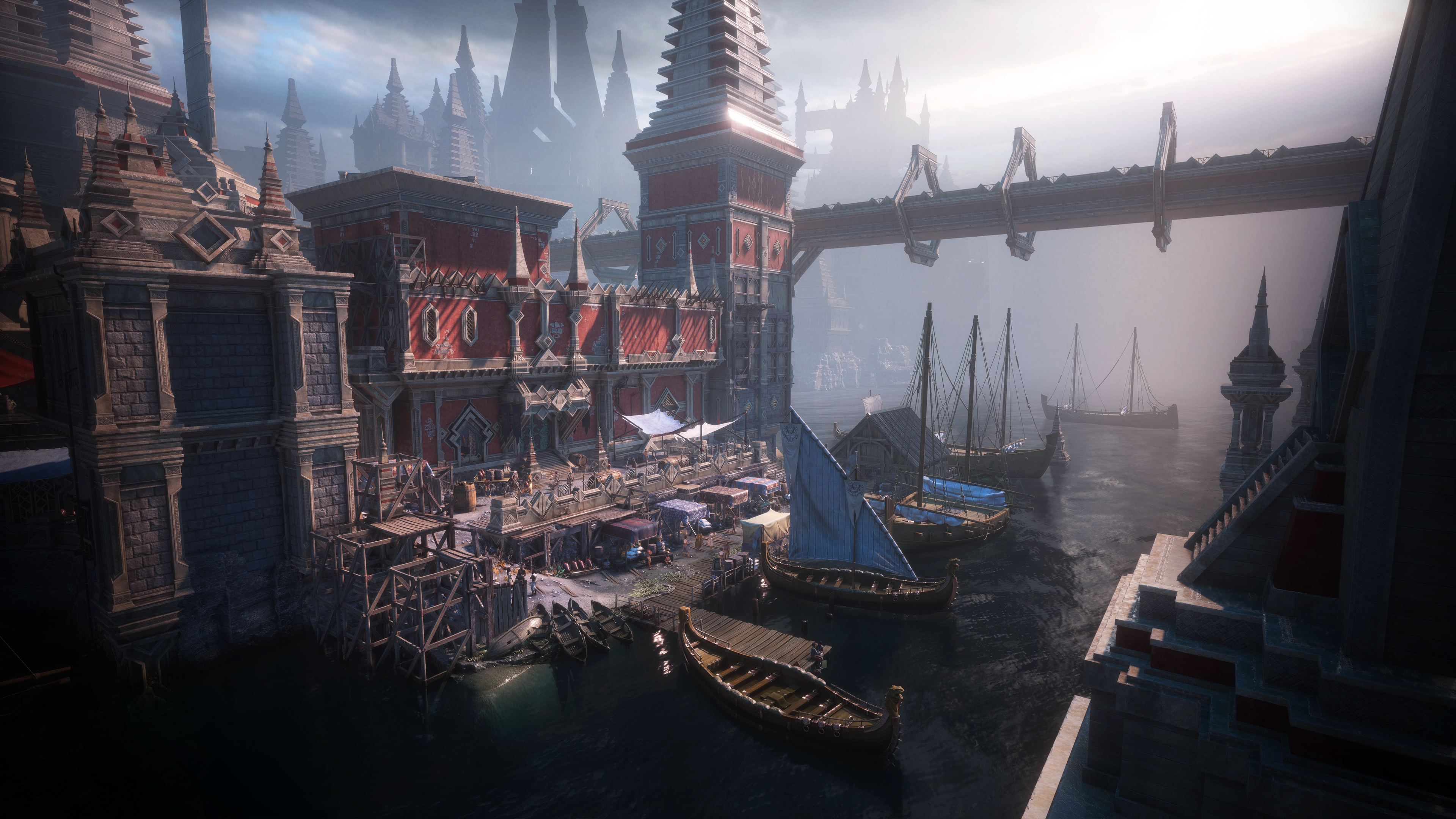 Fantasie-Stadtlandschaft mit Gebäuden und Booten, an einem Fluss mit wolkigem Himmel im Hintergrund.