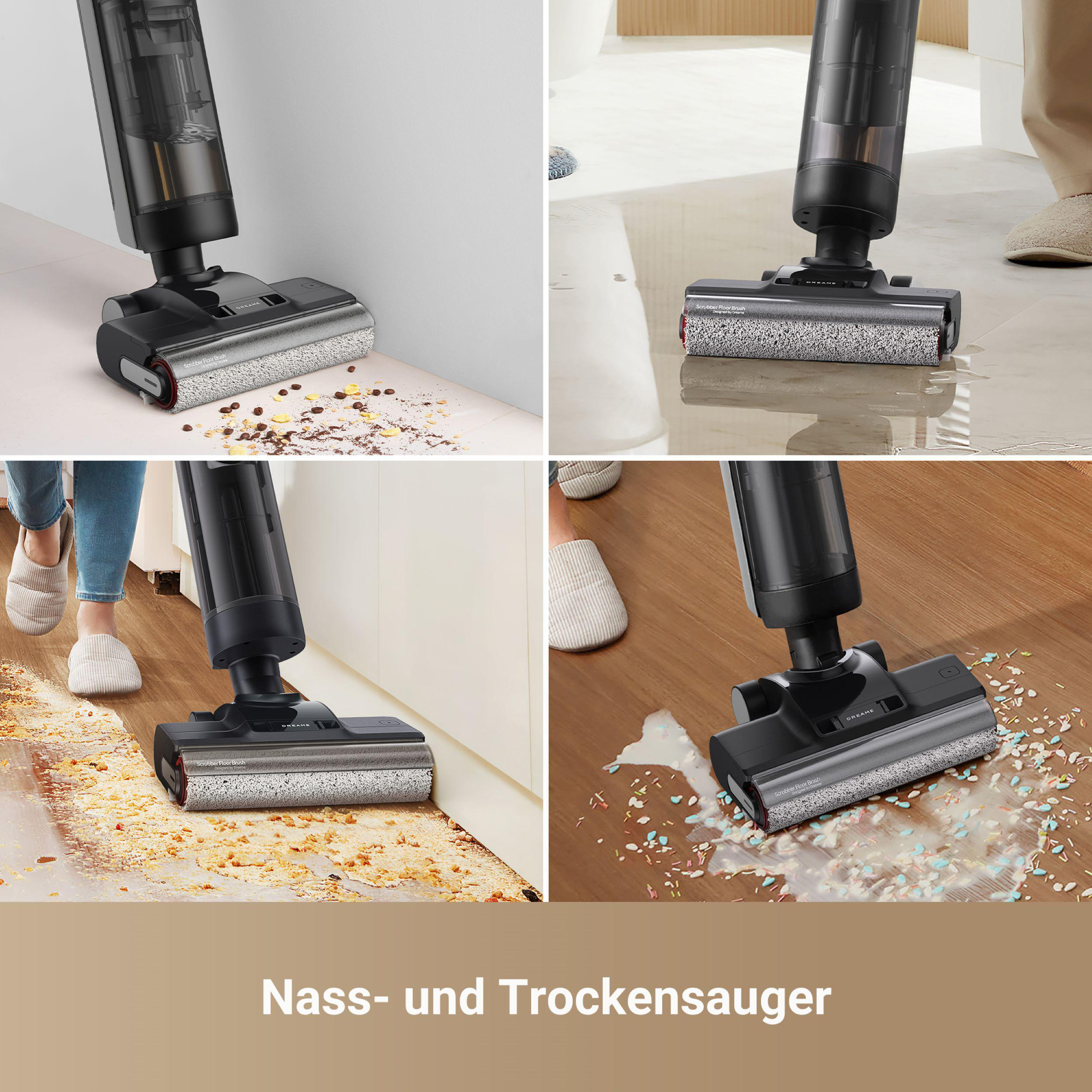 Vier Bilder, die einen schwarzen Nass- und Trockensauger beim Reinigen verschiedener Oberflächen zeigen.