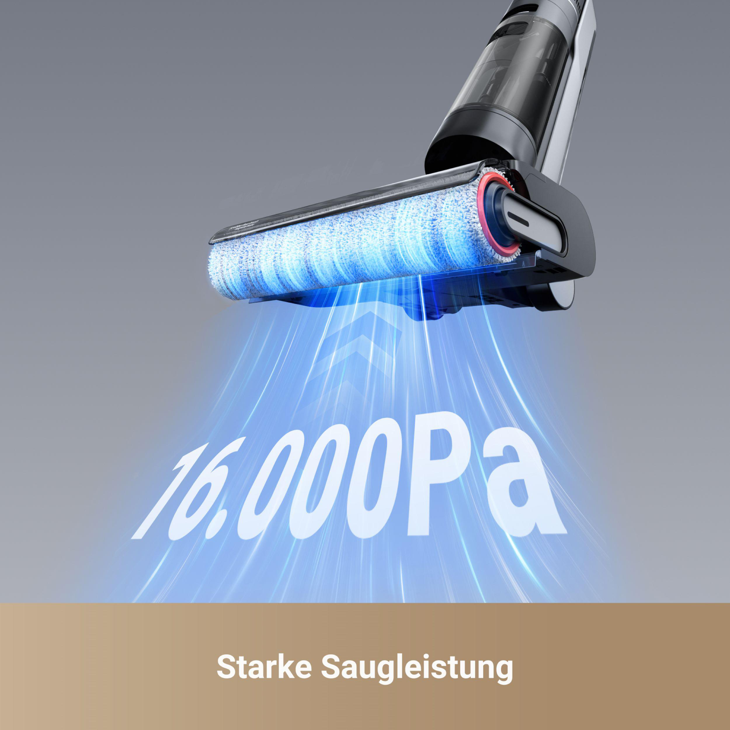 Kabelloser Staubsauger mit hervorgehobenem Luftstrom und 16.000Pa Saugkraft.