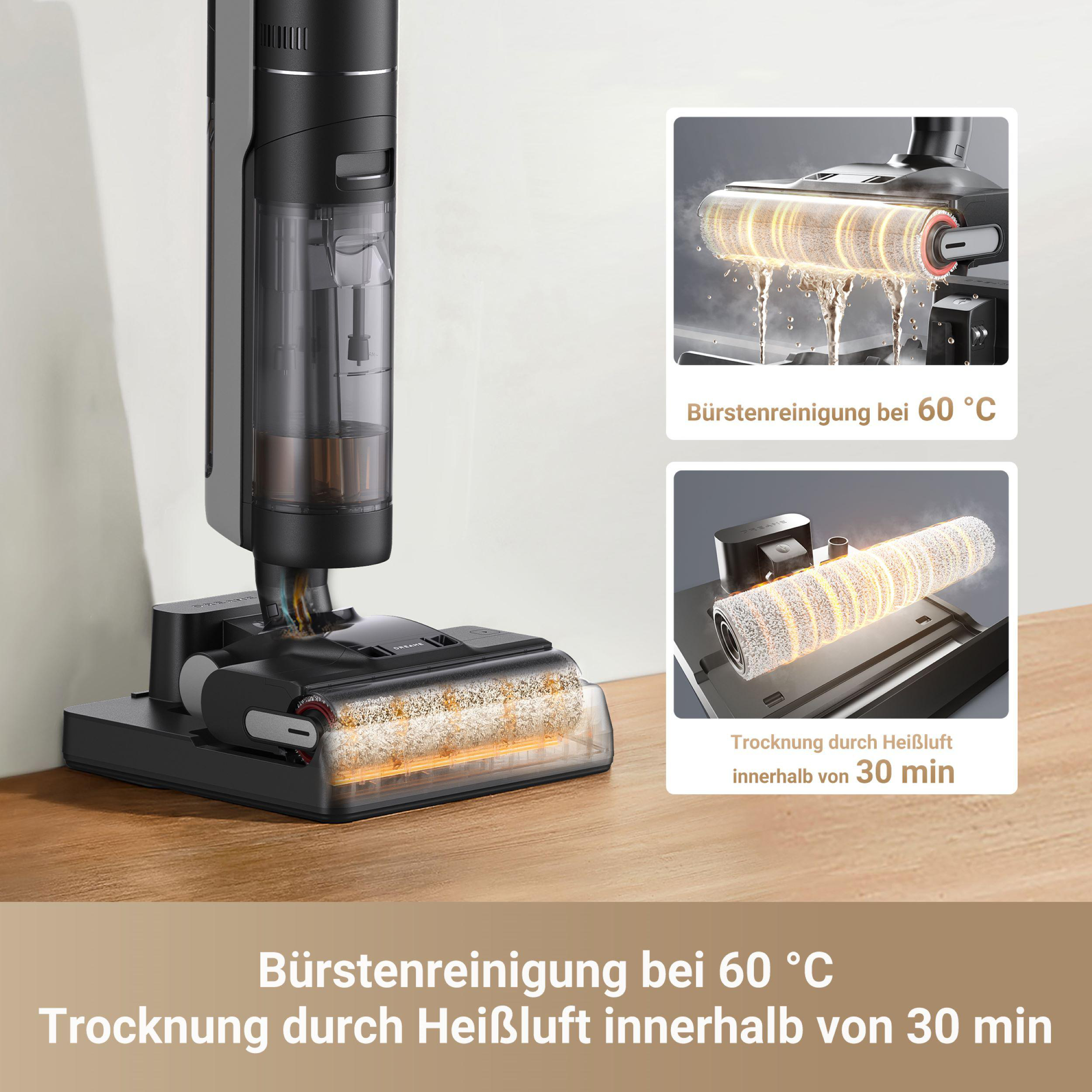 Ein kabelloser Staubsauger mit Bürstenreinigung bei 60°C und Trocknung mit Heißluft innerhalb von 30 Minuten.