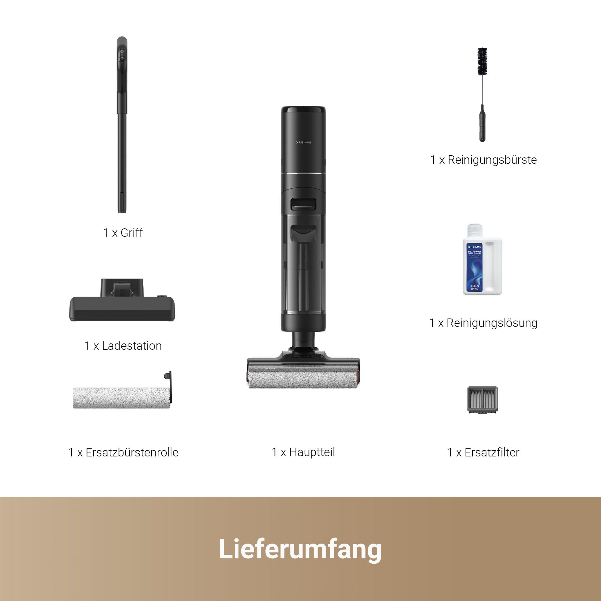 Staubsaugerteile angeordnet, einschließlich Griff, Bürste und Reinigungslösung.