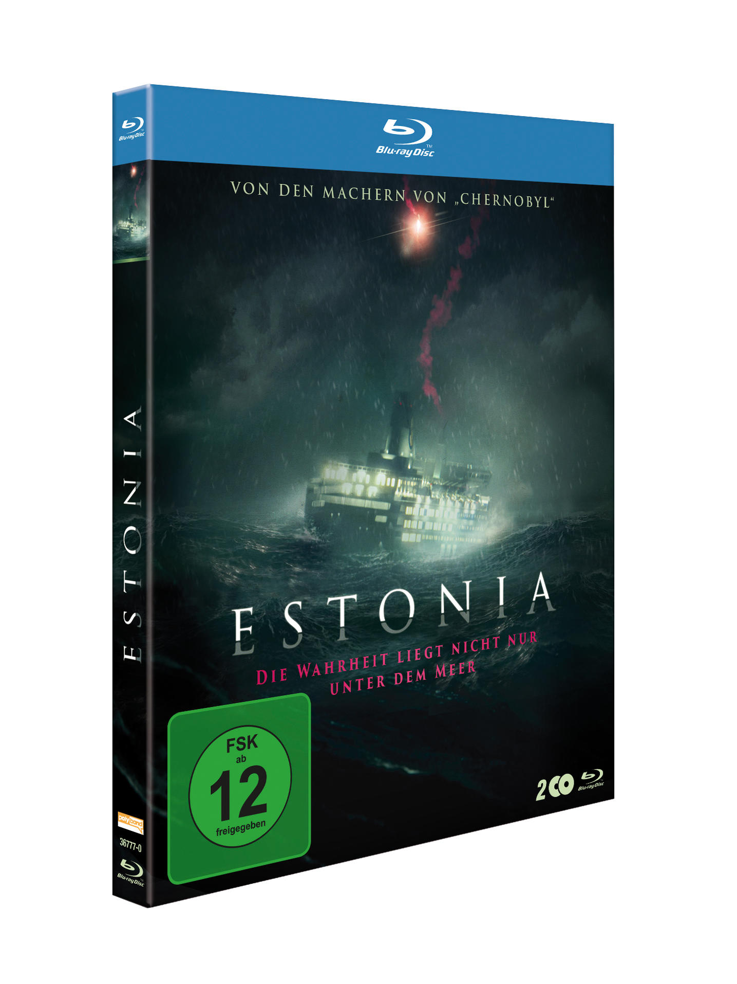 Blu-ray-Disc von 'Estonia', einem Schiff in stürmischer See. Der Text enthält 'Die Wahrheit liegt nicht nur unter dem Meer'.