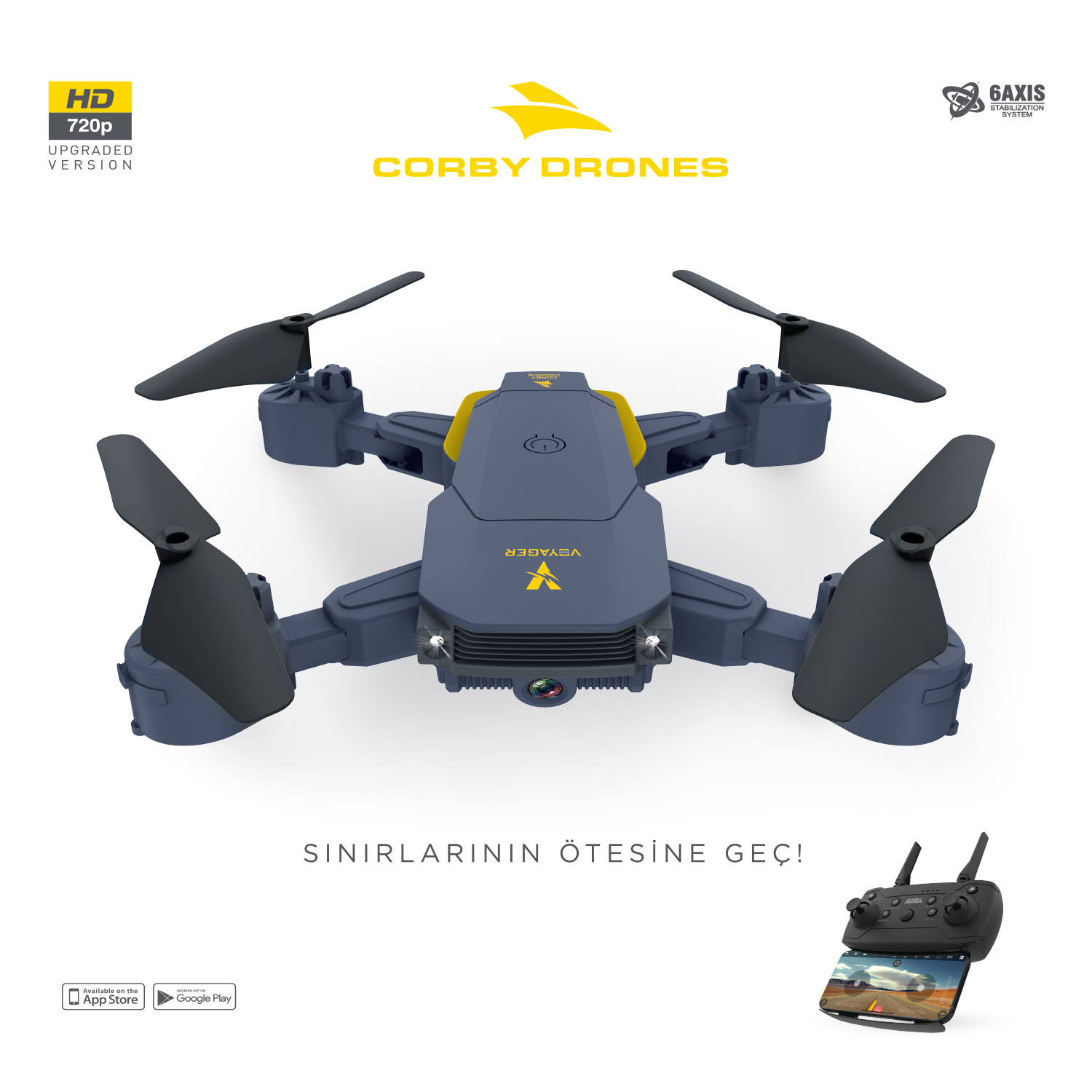 Siyah pervaneli ve sarı detaylı gri bir drone, sağ altta bir kumanda ile.