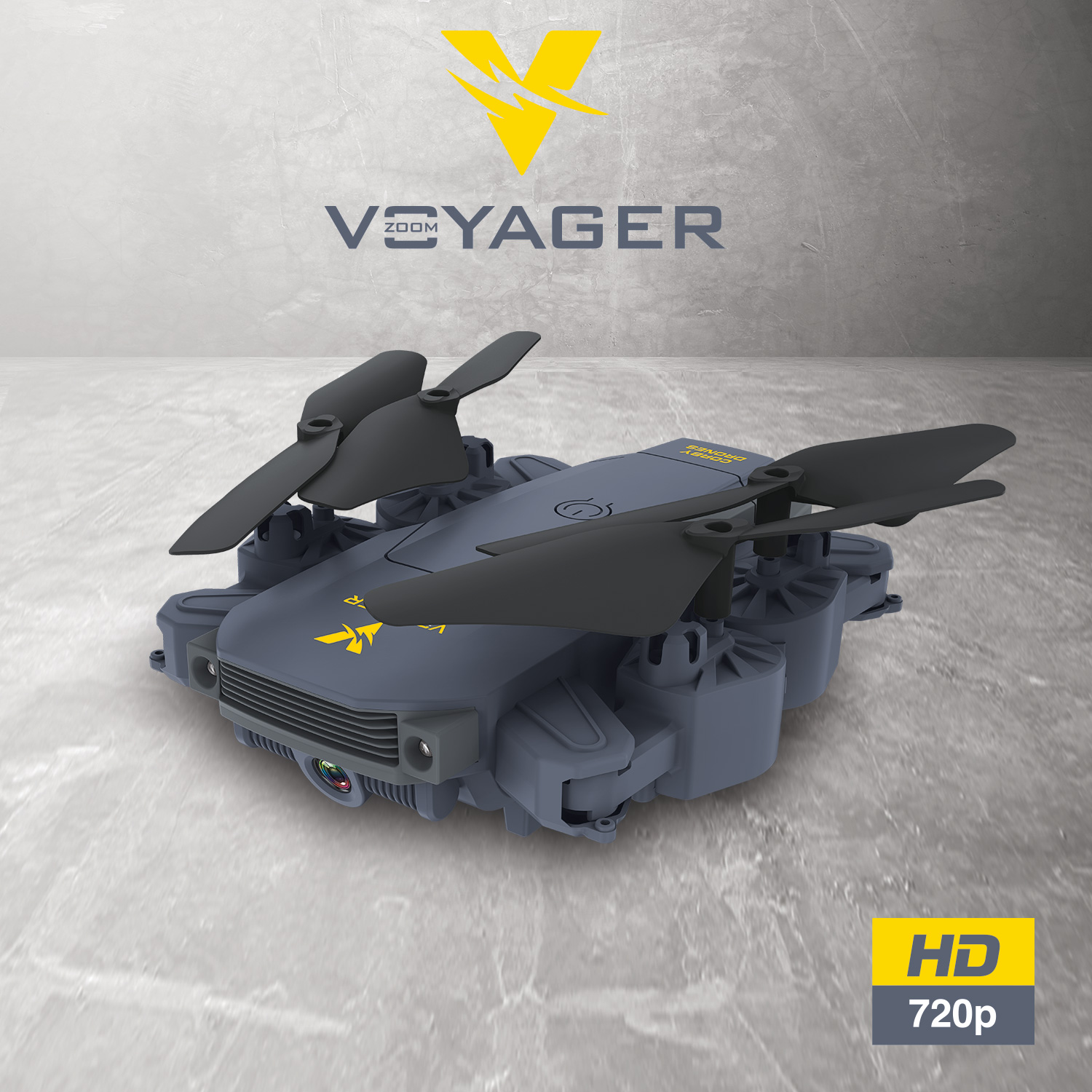 Siyah pervaneli gri dron ve 'Voyager Zoom' metni. Gri bir arka plan üzerinde sarı vurgular.