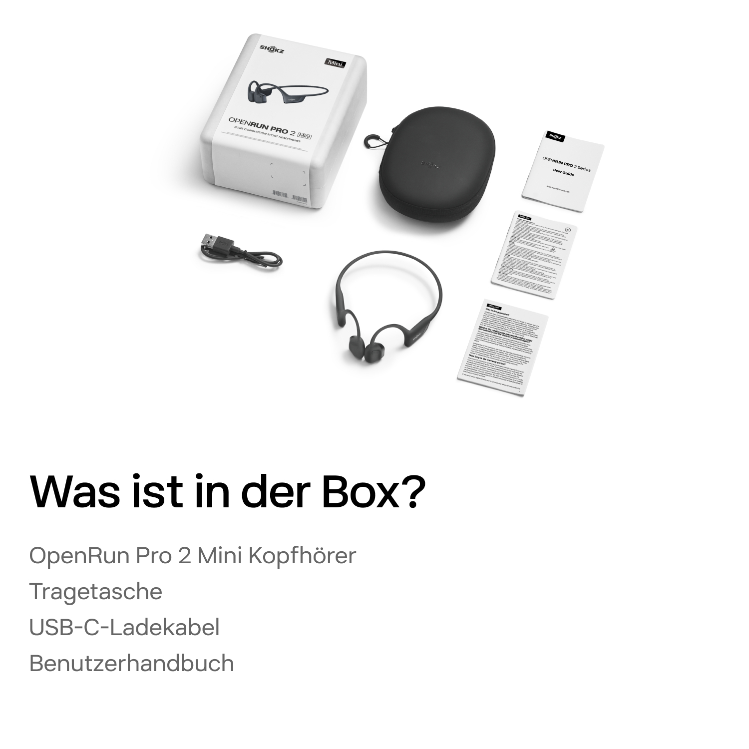 Kopfhörer-Box-Inhalt. Box, Kopfhörer, Etui und Papiere.