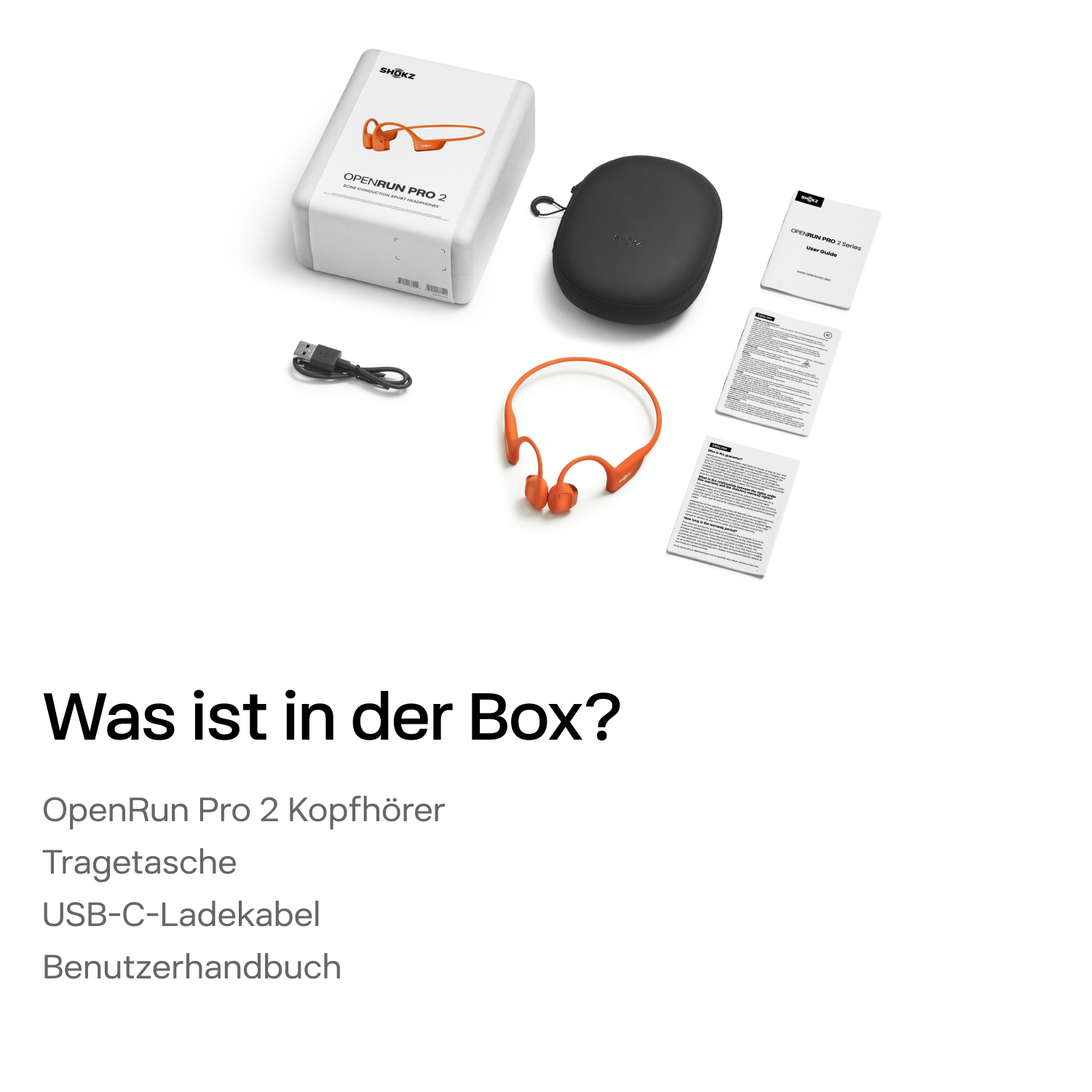 OpenRun Pro 2 Kopfhörer mit Zubehör auf weißem Hintergrund.