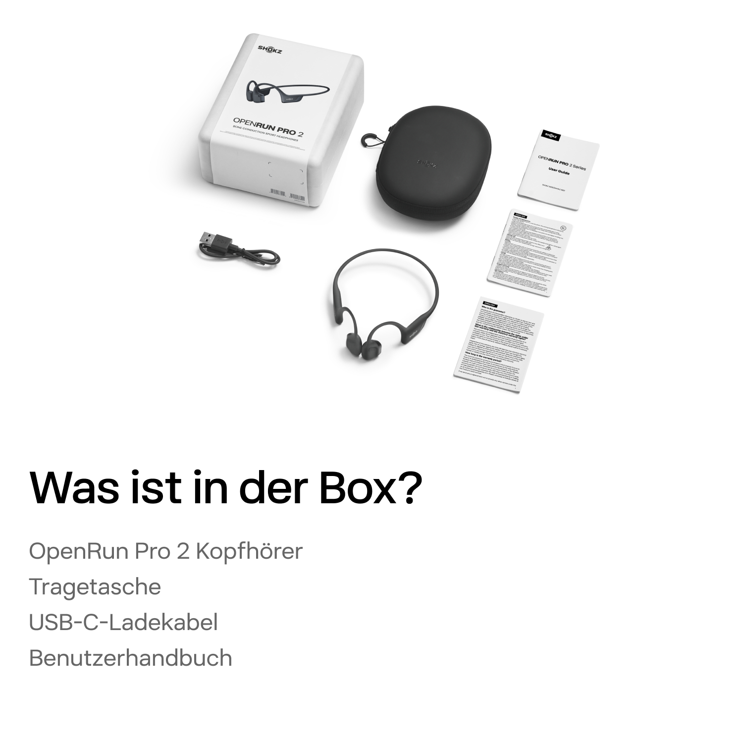 Weiße Box mit 'OpenRun Pro 2' und Zubehör: Kopfhörer, Etui, USB-C-Kabel und Benutzerhandbücher.